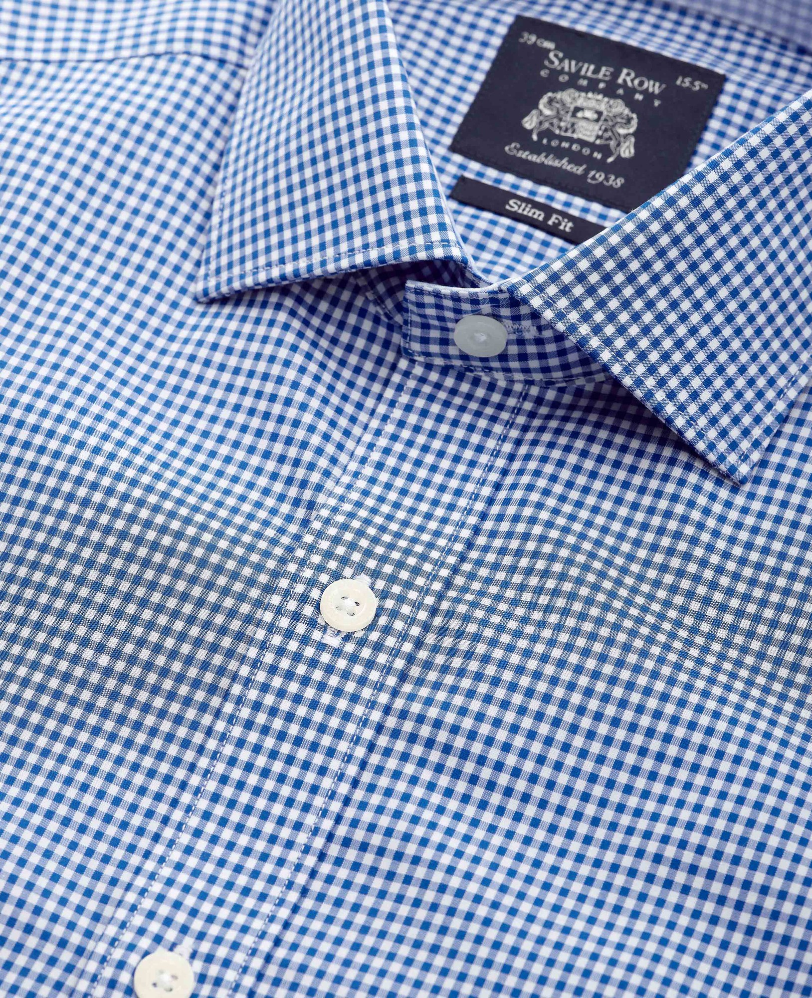 Men's Navy Cotton Gingham Slim Fit Formal Shirt - Single Cuff - Size: 18" x Standard - 37" - Savile Row Company - image 3