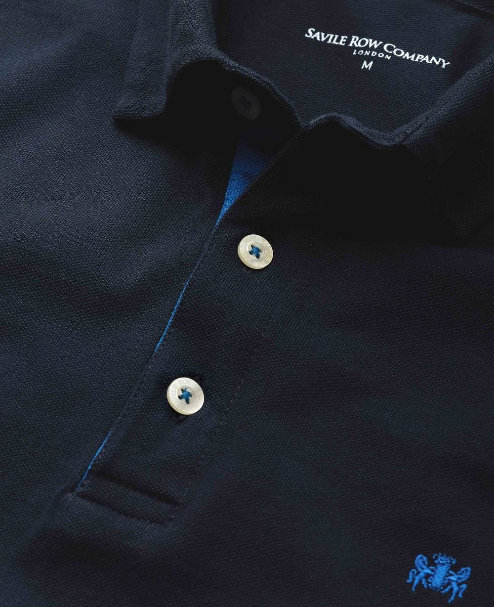 Men's Navy Cotton Pique Long Sleeve Polo Shirt - Size: Small - Savile Row Company - image 2