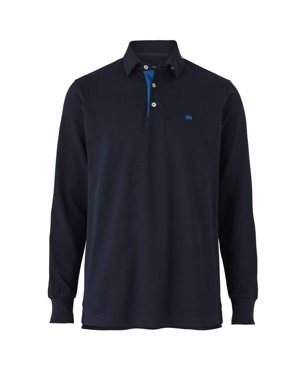 Savile Row Company Savile Row Company London Men Classic Fit Cotton Pique Long Sleeve Button Collar Polo Shirt in Navy | Size: Small