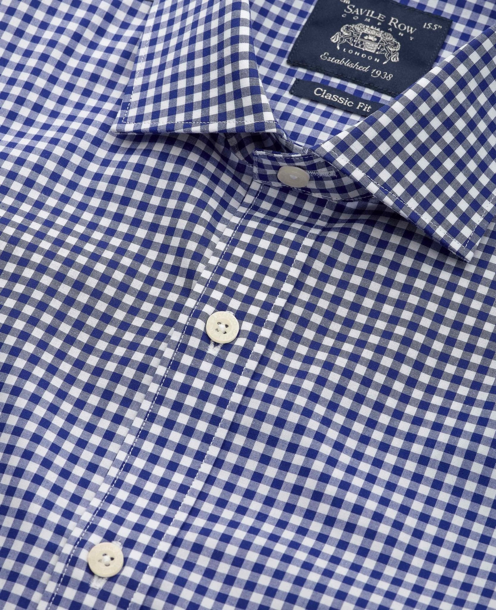 Men's Navy Cotton Poplin Gingham Check Classic Fit Formal Shirt - Single Cuff - Size: 16.5" x Extra Long - 37" - Savile Row Company - image 3