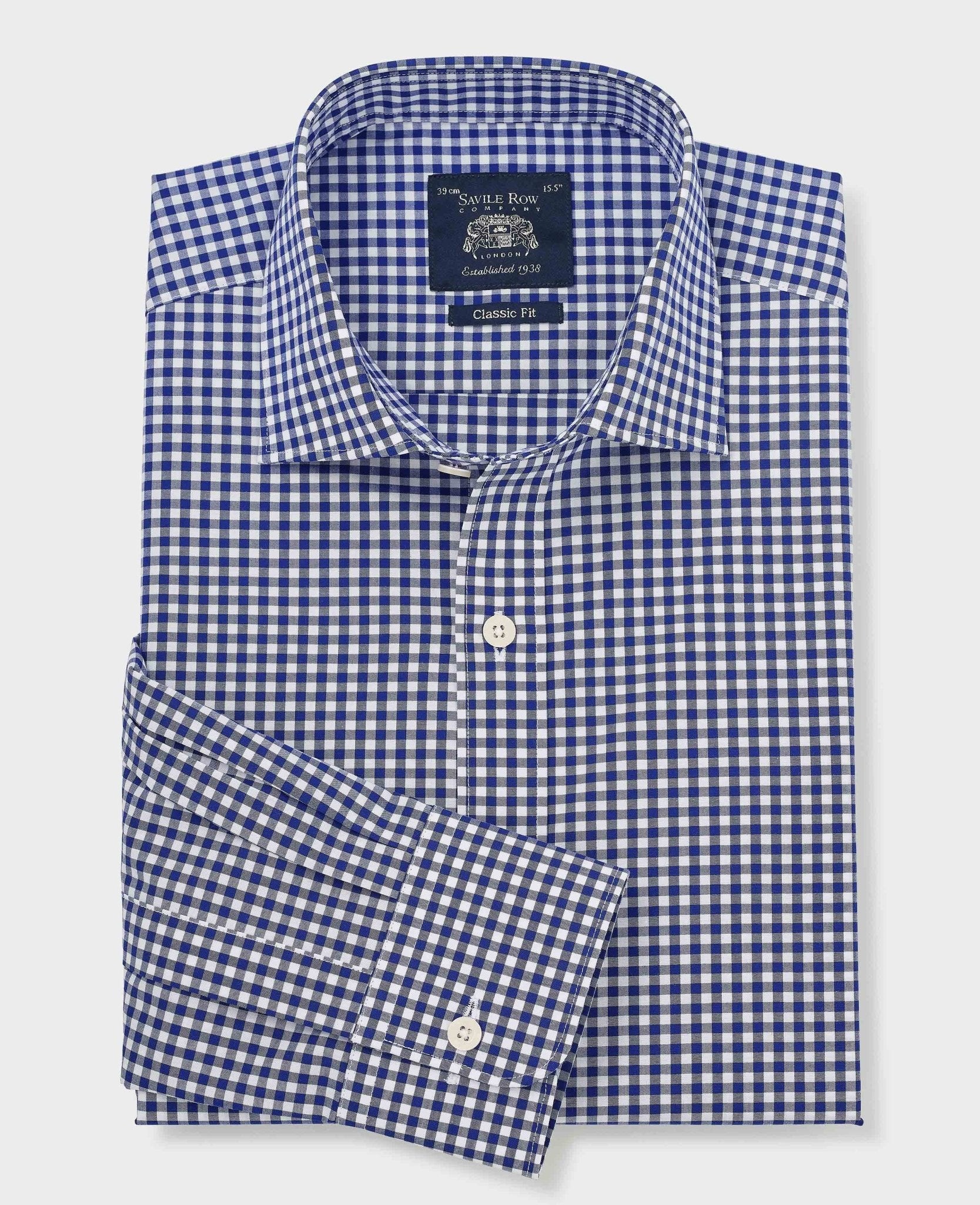 Navy cotton poplin shirt featuring a classic fit with a gingham check pattern, single cuff, and Savile Row Company label, size 16.5 with extra long sleeves (37").