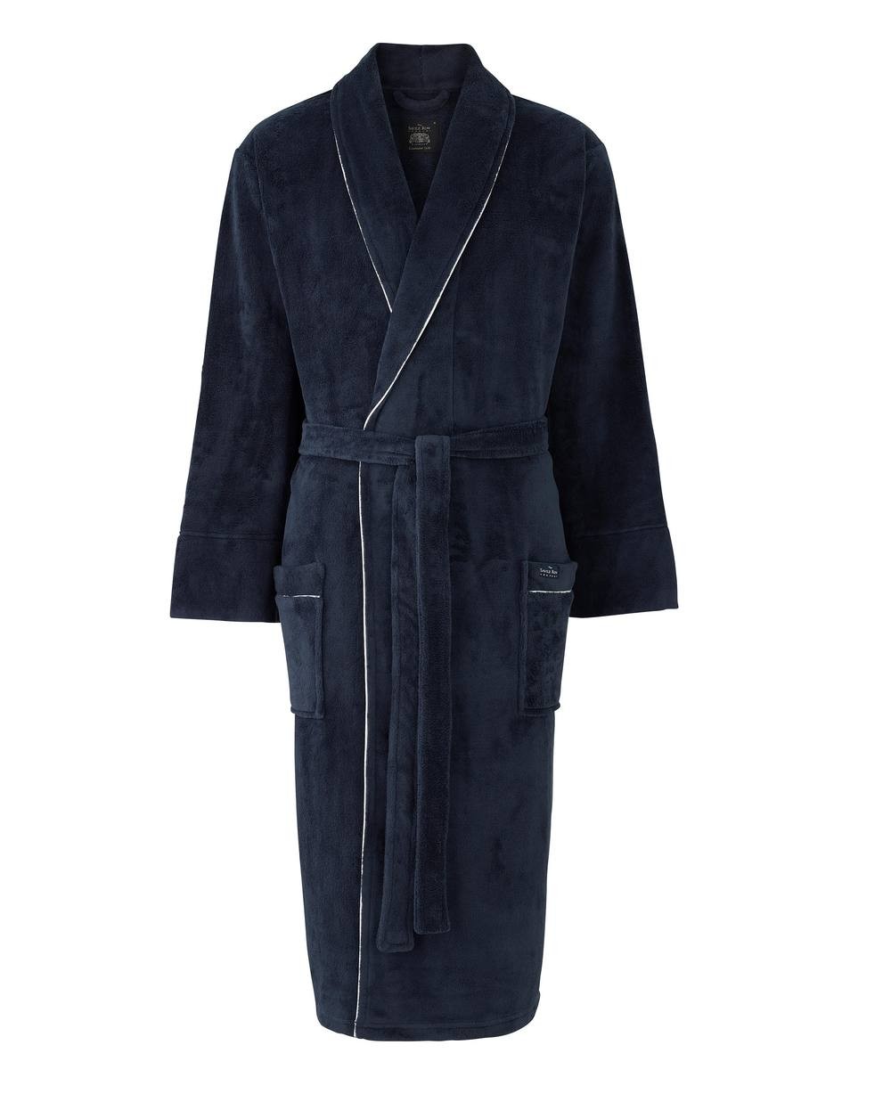 Men's small navy fleece dressing gown featuring a belted waist, two front pockets, and contrasting white piping along the collar and sleeves.