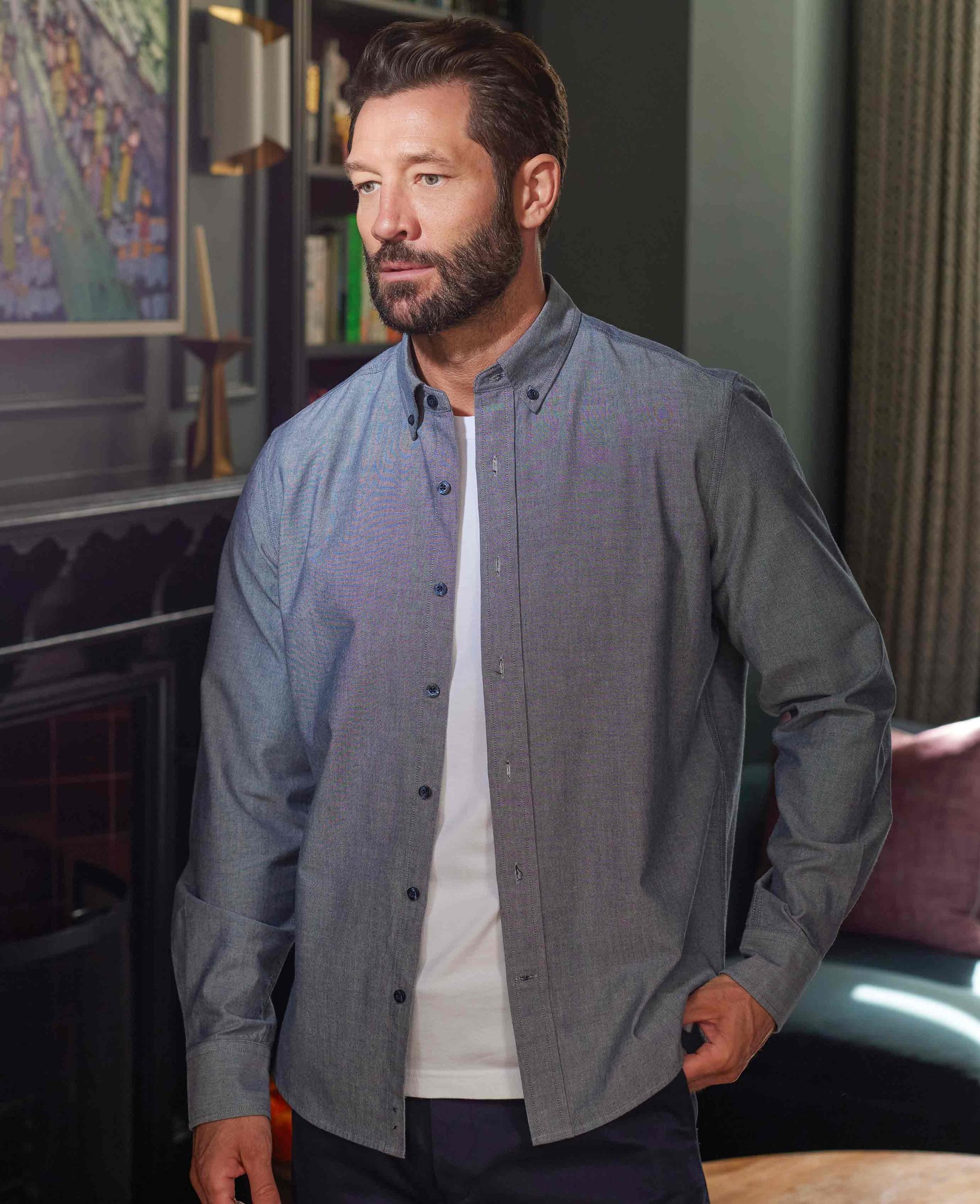Men's Navy Slim Fit Chambray Oxford Shirt - Size: Medium x Extra Long - 36.5" - Savile Row Company - image 3