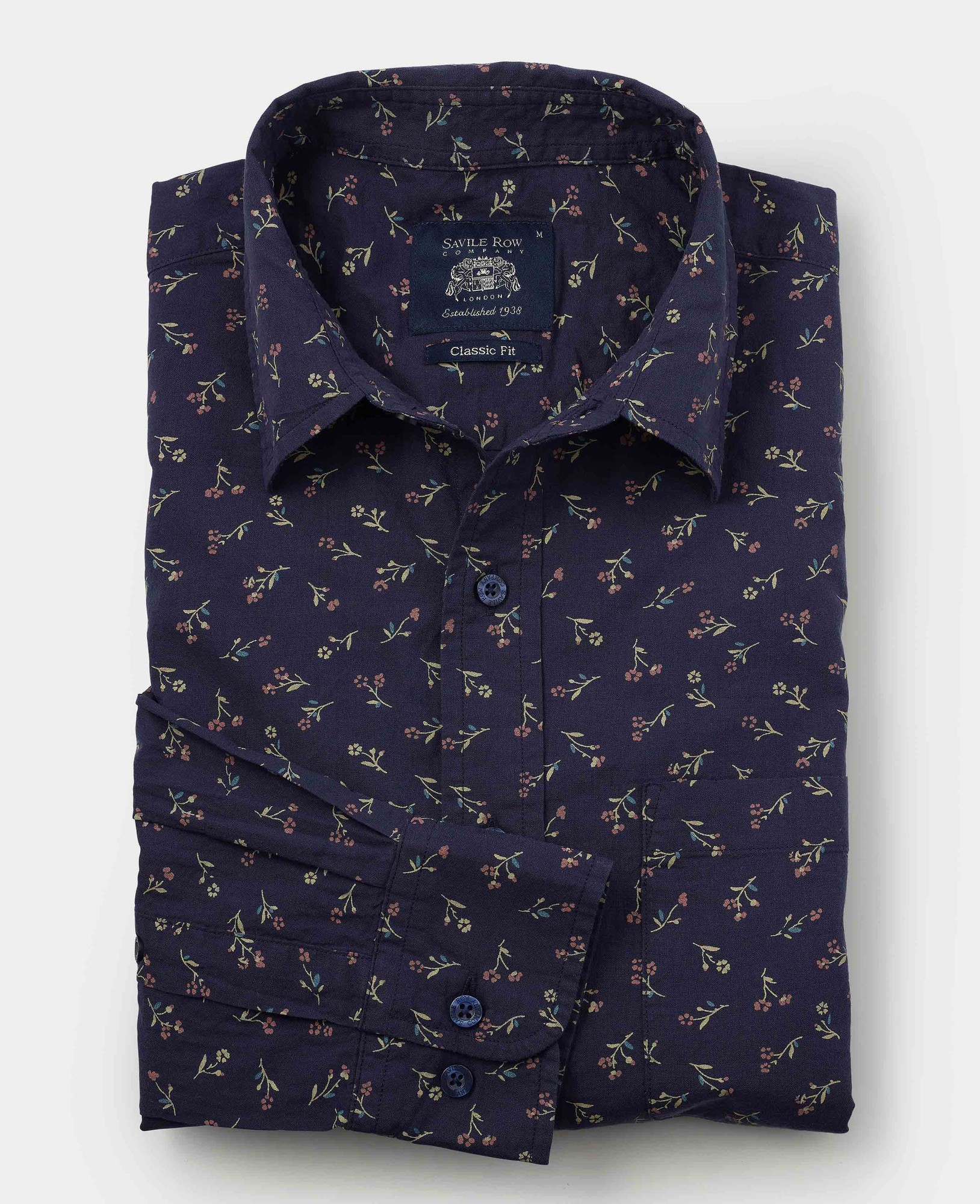 Men's Navy Stretch Cotton Classic Fit Floral Casual Shirt - Size: XL x Extra Long - 38.5" - Savile Row Company - image 2