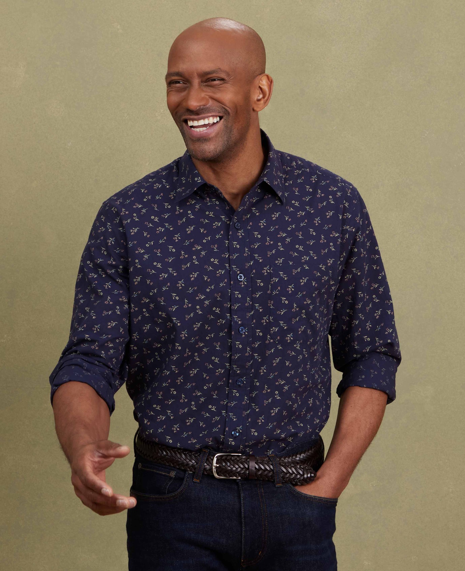 Men's Navy Stretch Cotton Classic Fit Floral Casual Shirt - Size: XL x Extra Long - 38.5" - Savile Row Company - image 3