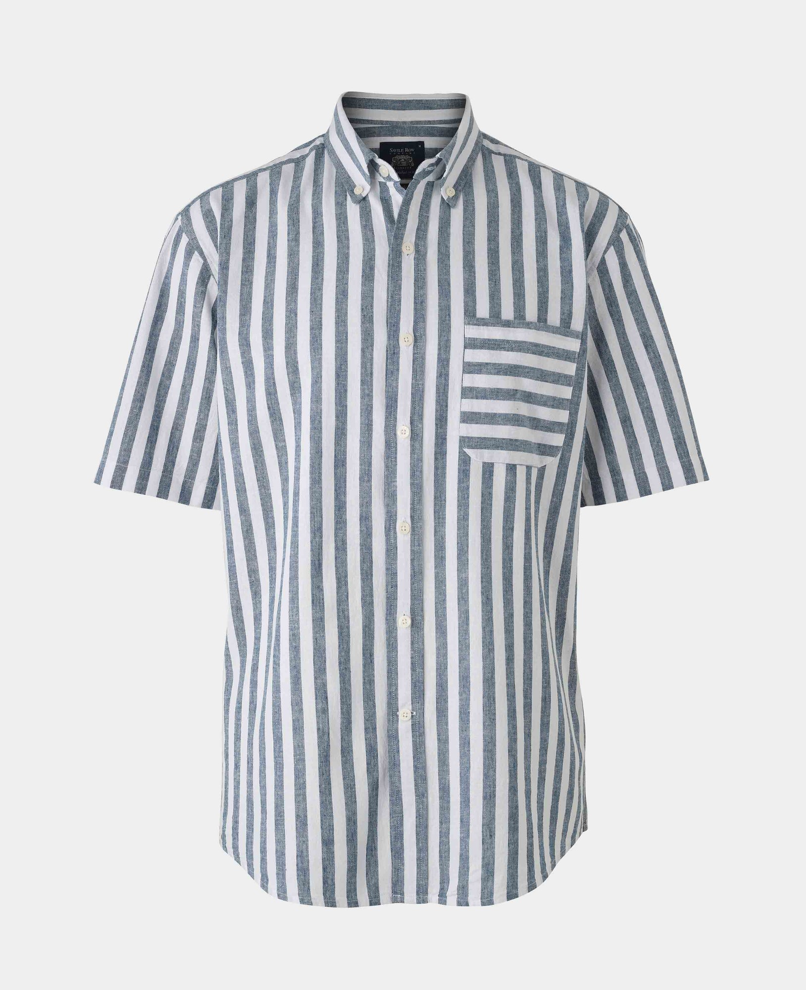 Men's Navy White Bold Stripe Linen Cotton Classic Fit Short Sleeve Shirt - Size: Small - Savile Row Company - image 2