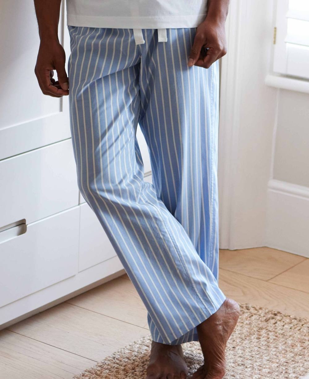 Men's Pale Blue Cotton Twill Wide Stripe Lounge Pants - Size: XL - Savile Row Company - image 4