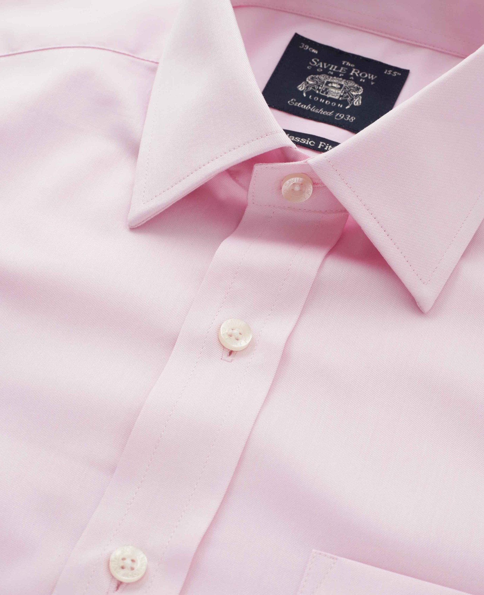 Men's Pale Pink Fine Twill Classic Fit Formal Shirt - Single or Double Cuff - Size: 18" x Extra Long - 38.5" - Savile Row Company - image 4