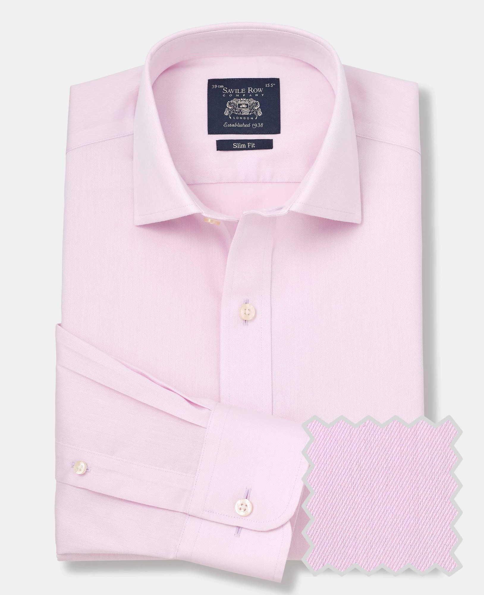 Men's pink cotton twill slim fit non-iron shirt with single cuff, size 18" X standard 37", featuring a smooth texture and a folded sleeve displayed alongside a fabric swatch.