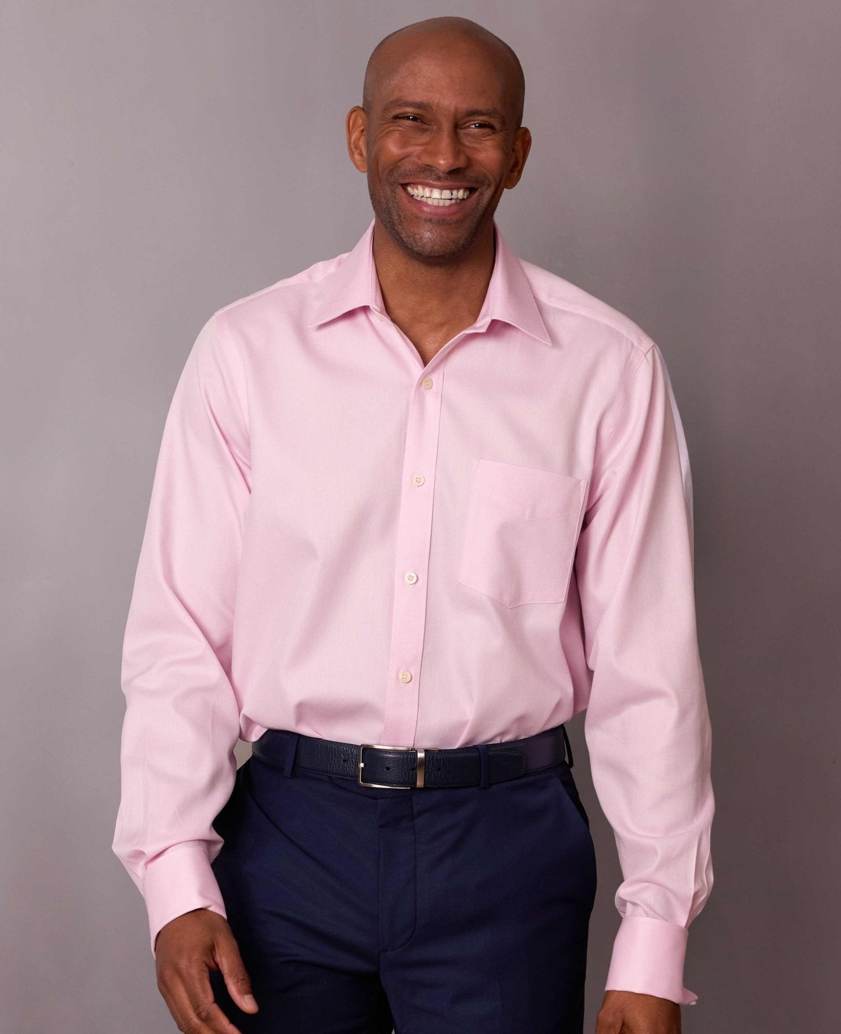 Men's Pink Herringbone Cotton Classic Fit Formal Shirt - Double Cuff - Size: 16.5" x Extra Long - 37" - Savile Row Company - image 4