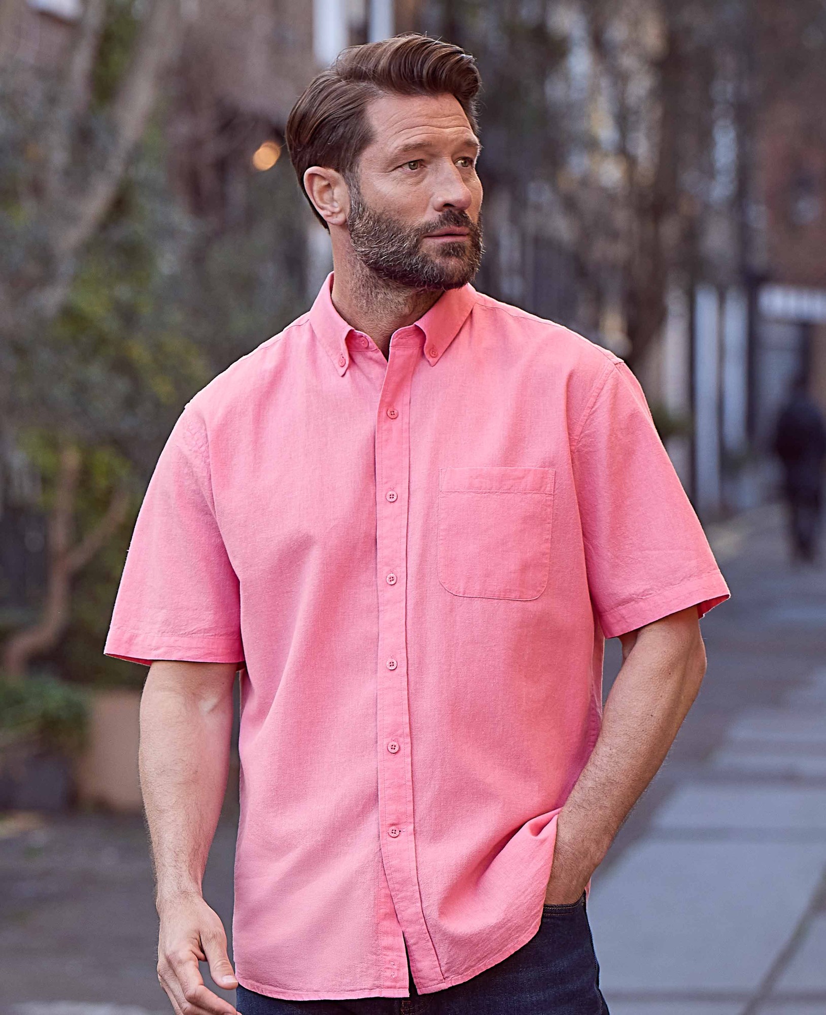 Men's Pink Linen Cotton Classic Fit Short Sleeve Button-Down Casual Shirt - Size: Small - Savile Row Company - image 3
