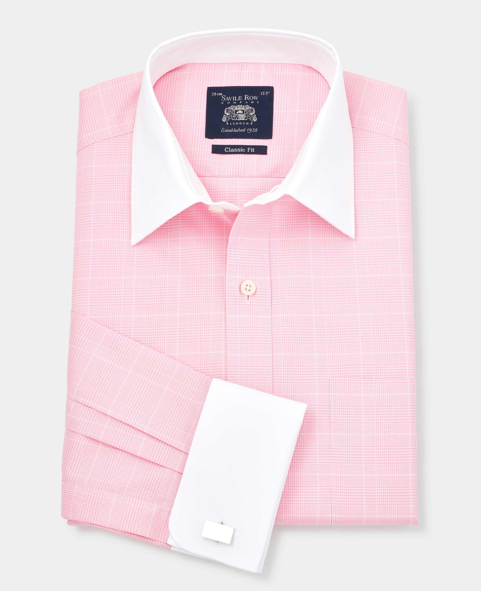 Men's pink Prince of Wales check formal shirt featuring a classic fit, white contrast collar and cuffs, with a single button on the cuff, size 15" X 34".