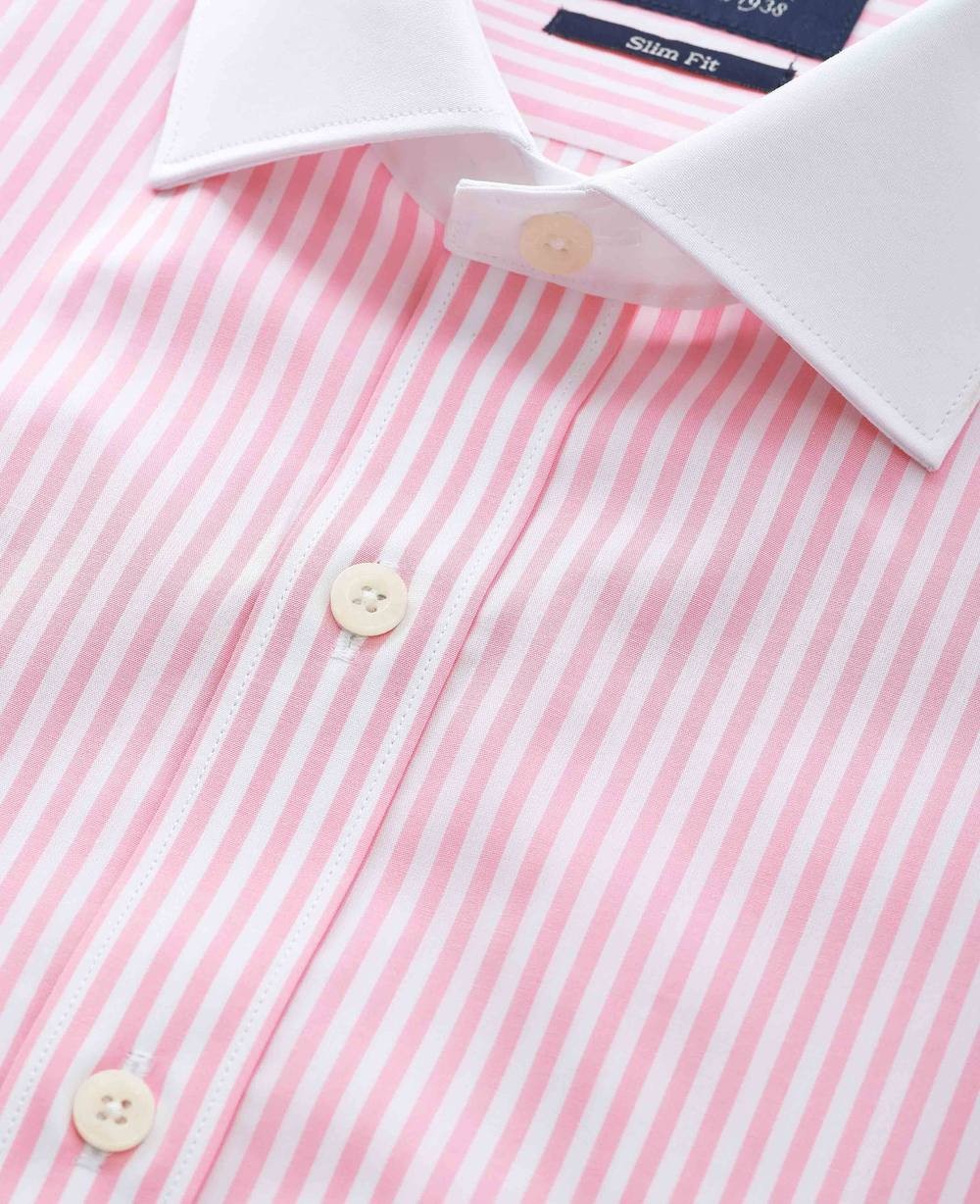 Men's Pink White Cotton Striped Slim Fit Winchester Formal Shirt - Double Cuff - Size: 18" x Standard - 37" - Savile Row Company - image 2