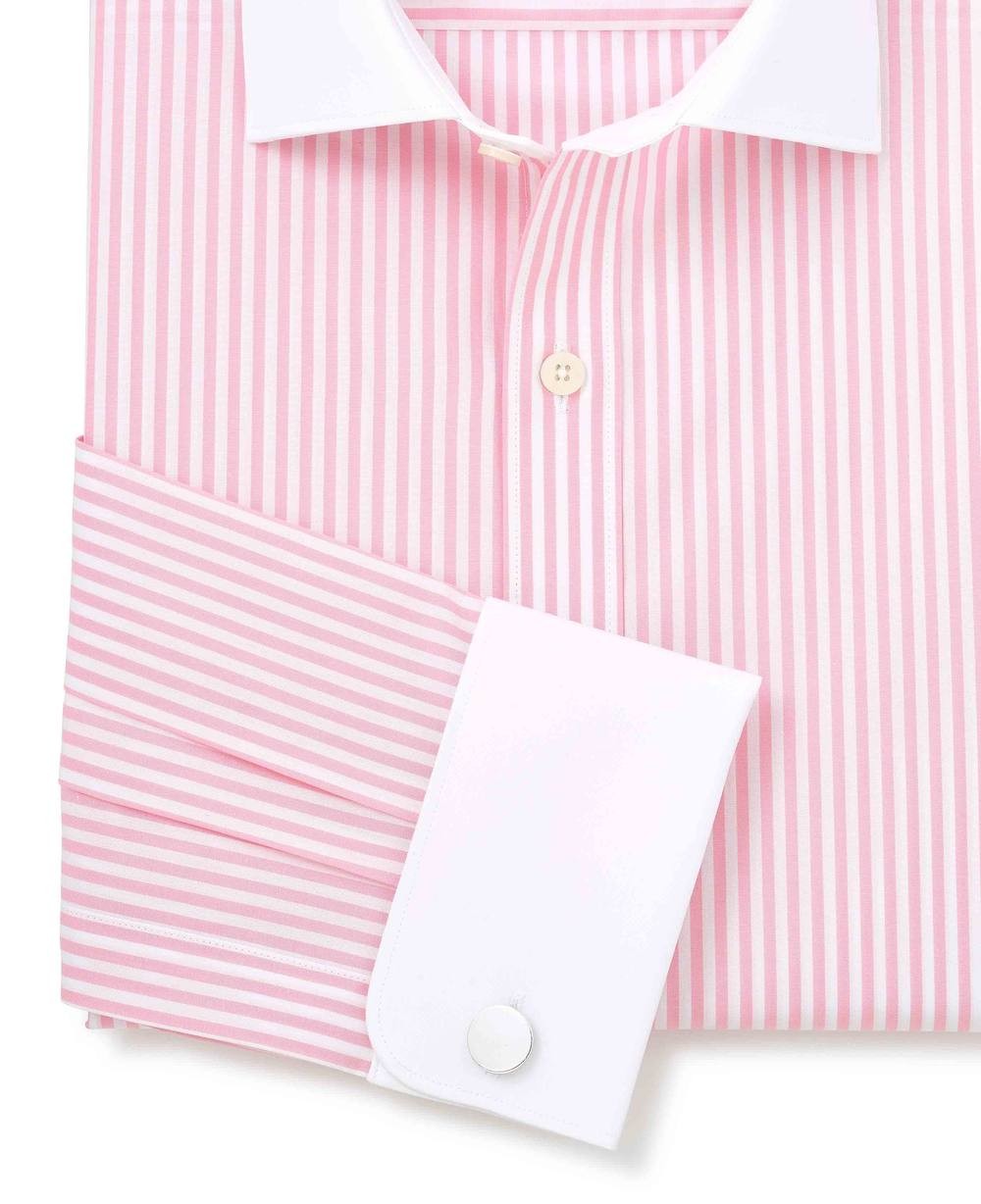 Men's Pink White Cotton Striped Slim Fit Winchester Formal Shirt - Double Cuff - Size: 18" x Standard - 37" - Savile Row Company - image 3
