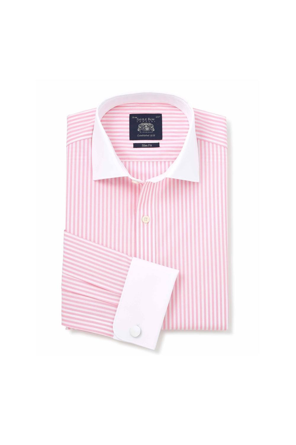 Men's slim fit formal shirt featuring pink and white stripes, made of cotton with double cuffs, size 18" X 37", by Savile Row Company.