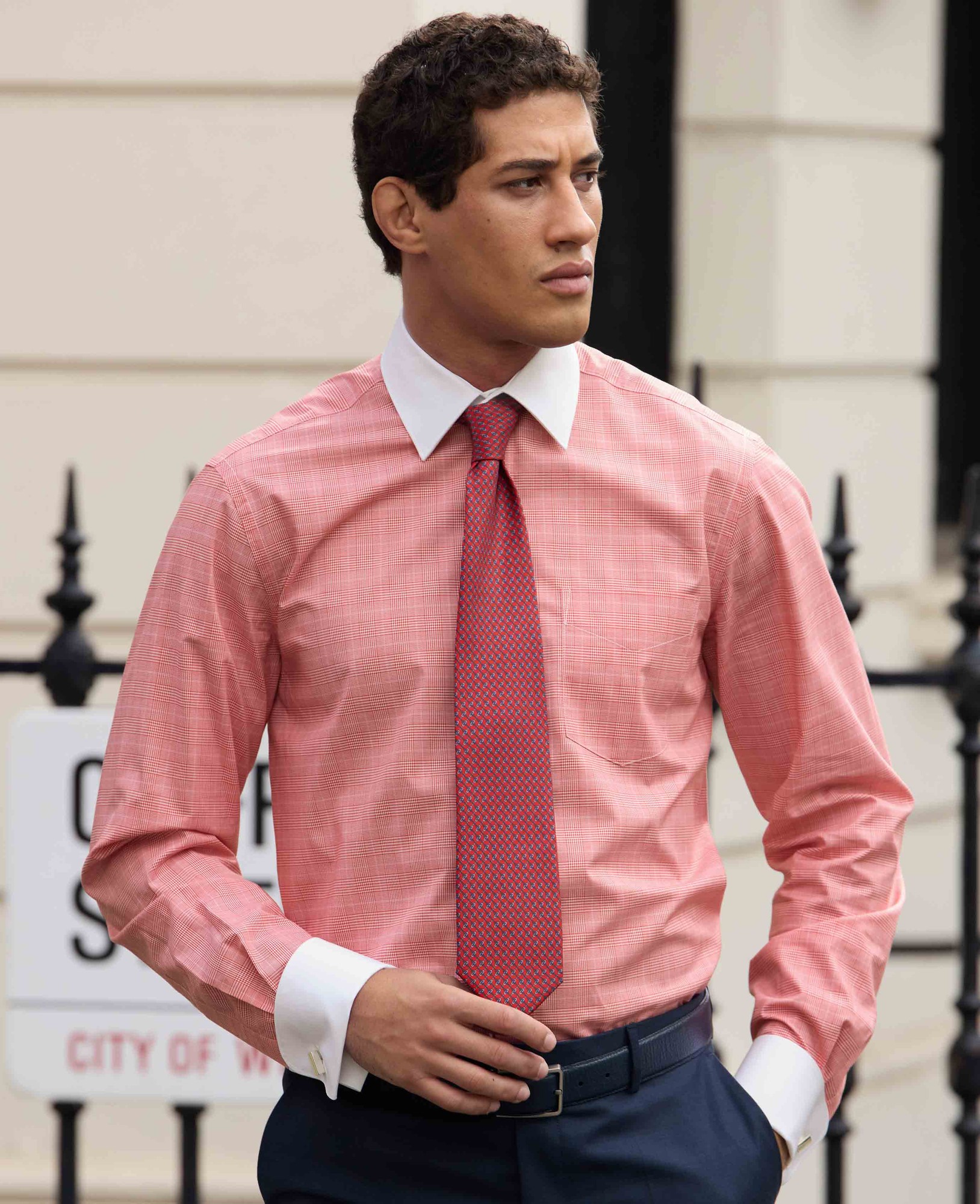 Men's Red Cotton Prince of Wales Check Classic Fit Winchester Formal Shirt - Double Cuff - Size: 17.5" x Extra Long - 38" - Savile Row Company - image 4