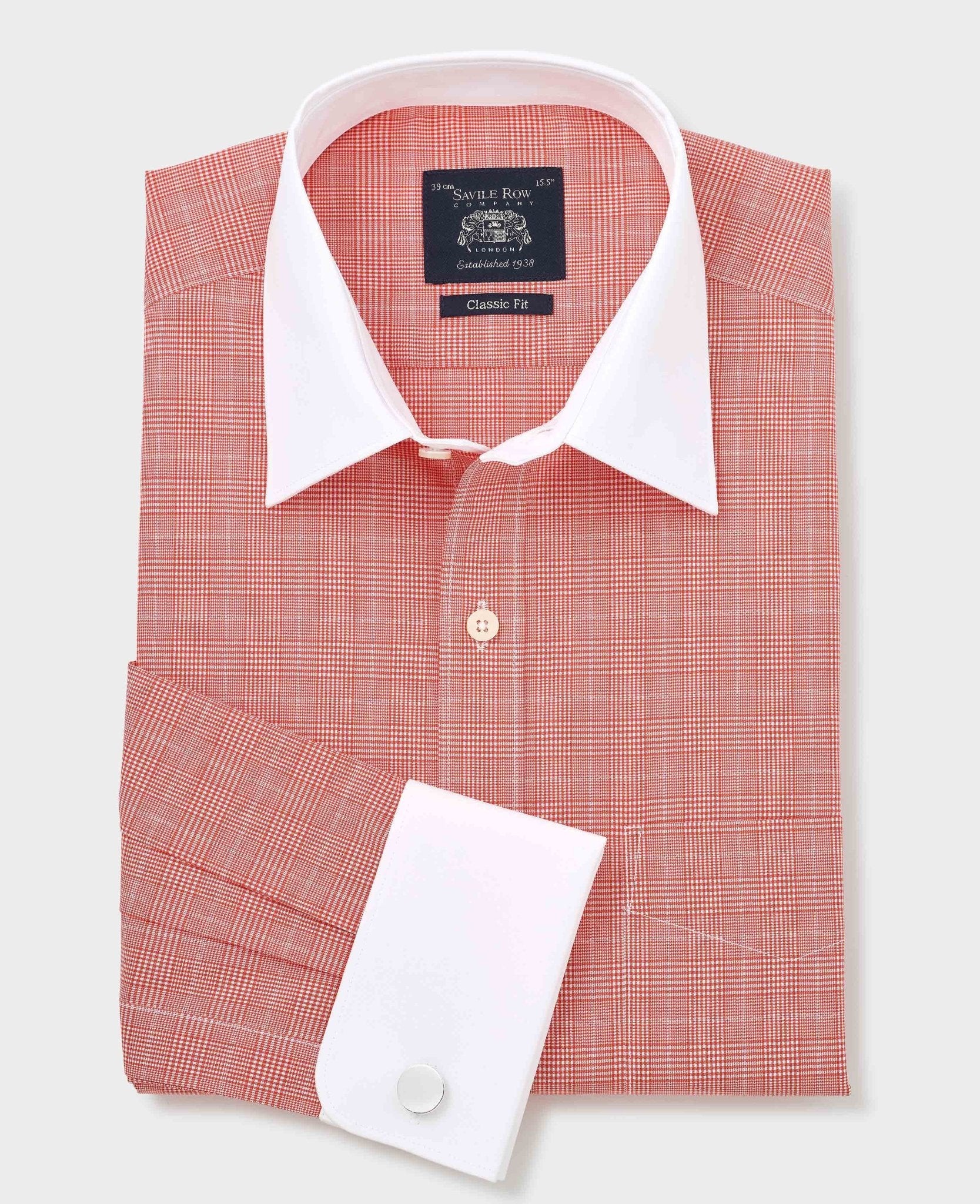 Men's red cotton formal shirt featuring a Prince of Wales check pattern, classic fit, double cuffs, and a white collar, size 17.5 X extra long, by Savile Row Company.