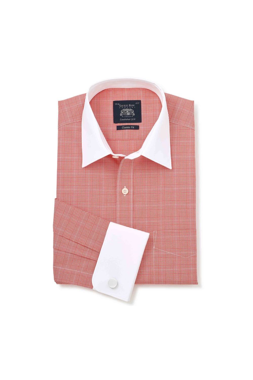 Men's red cotton formal shirt featuring a Prince of Wales check pattern, classic fit, double cuff, and contrasting white collar, size 17.5 x 36", by Savile Row Company.