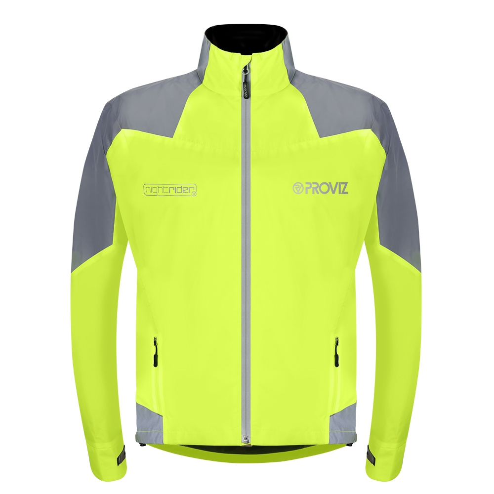 Bright yellow reflective cycling jacket with gray accents, featuring a full zip front, high collar, and zippered pockets, designed for visibility and safety during nighttime rides.