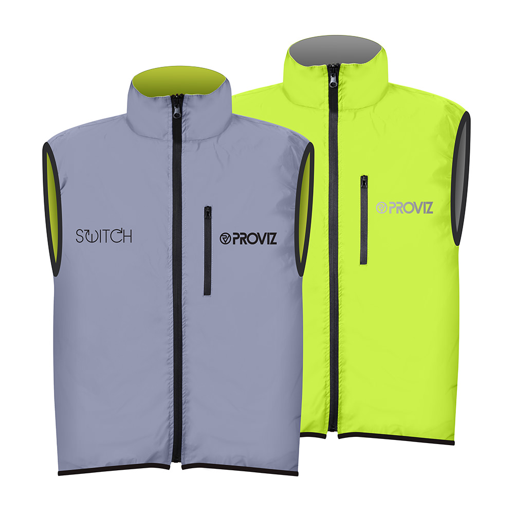 Men's reflective reversible cycling gilet by Proviz, featuring a light grey side with black logos and a bright neon yellow side, made from lightweight, water-resistant material.