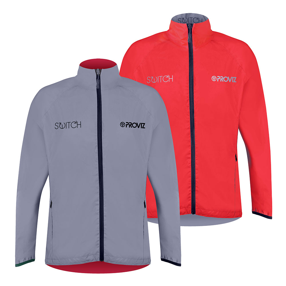 Men's reflective reversible cycling jacket by Proviz, featuring a light gray side with black accents and a vibrant red side, made from lightweight, water-resistant material.