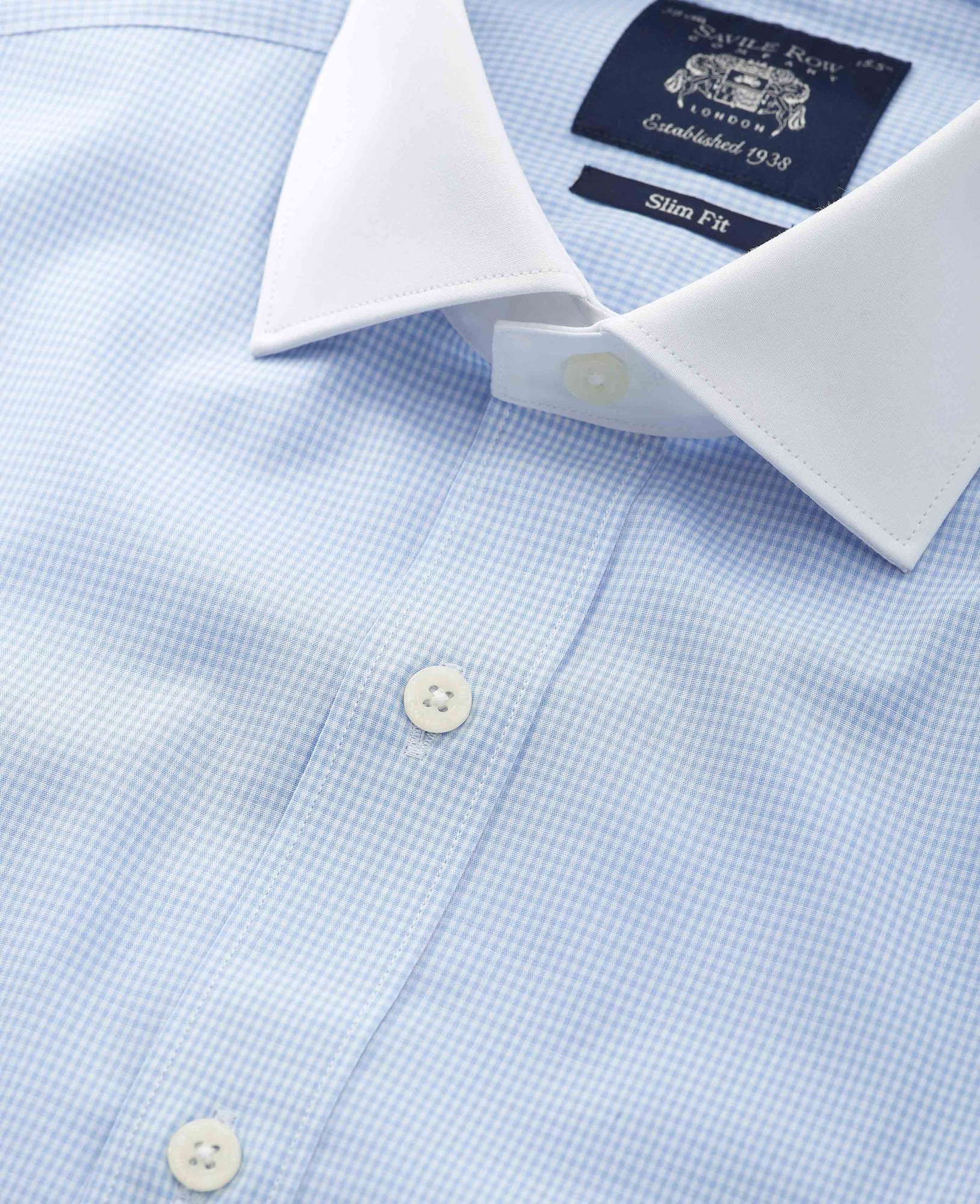 Men's Sky Blue Cotton Gingham Check Slim Fit Winchester Formal Shirt - Double Cuff - Size: 15.5" x Extra Long - 36" - Savile Row Company - image 2