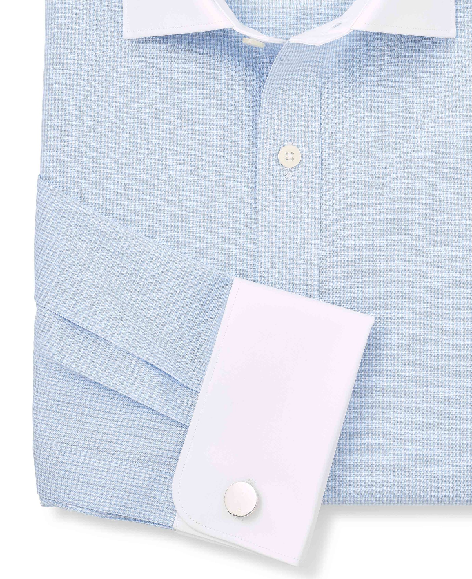 Men's Sky Blue Cotton Gingham Check Slim Fit Winchester Formal Shirt - Double Cuff - Size: 15.5" x Extra Long - 36" - Savile Row Company - image 4