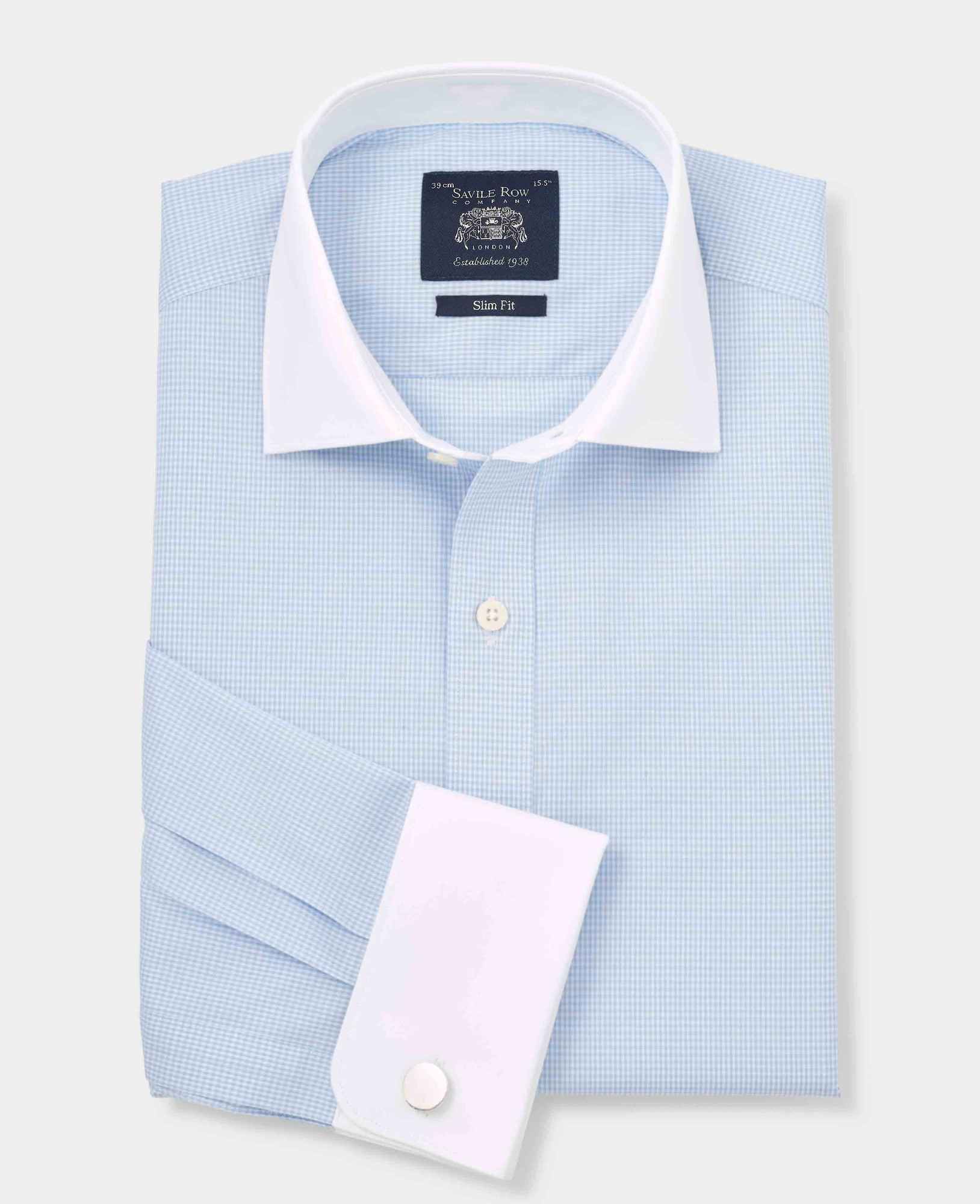 Sky blue cotton gingham check formal shirt with double cuffs, slim fit, size 15.5, extra long 36", featuring a crisp white collar and Savile Row Company branding.