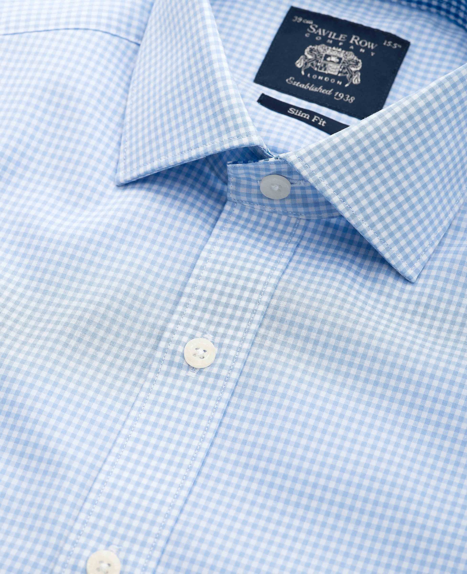 Men's Sky Blue Cotton Gingham Slim Fit Formal Shirt - Single Cuff - Size: 14.5" x Standard - 33" - Savile Row Company - image 3