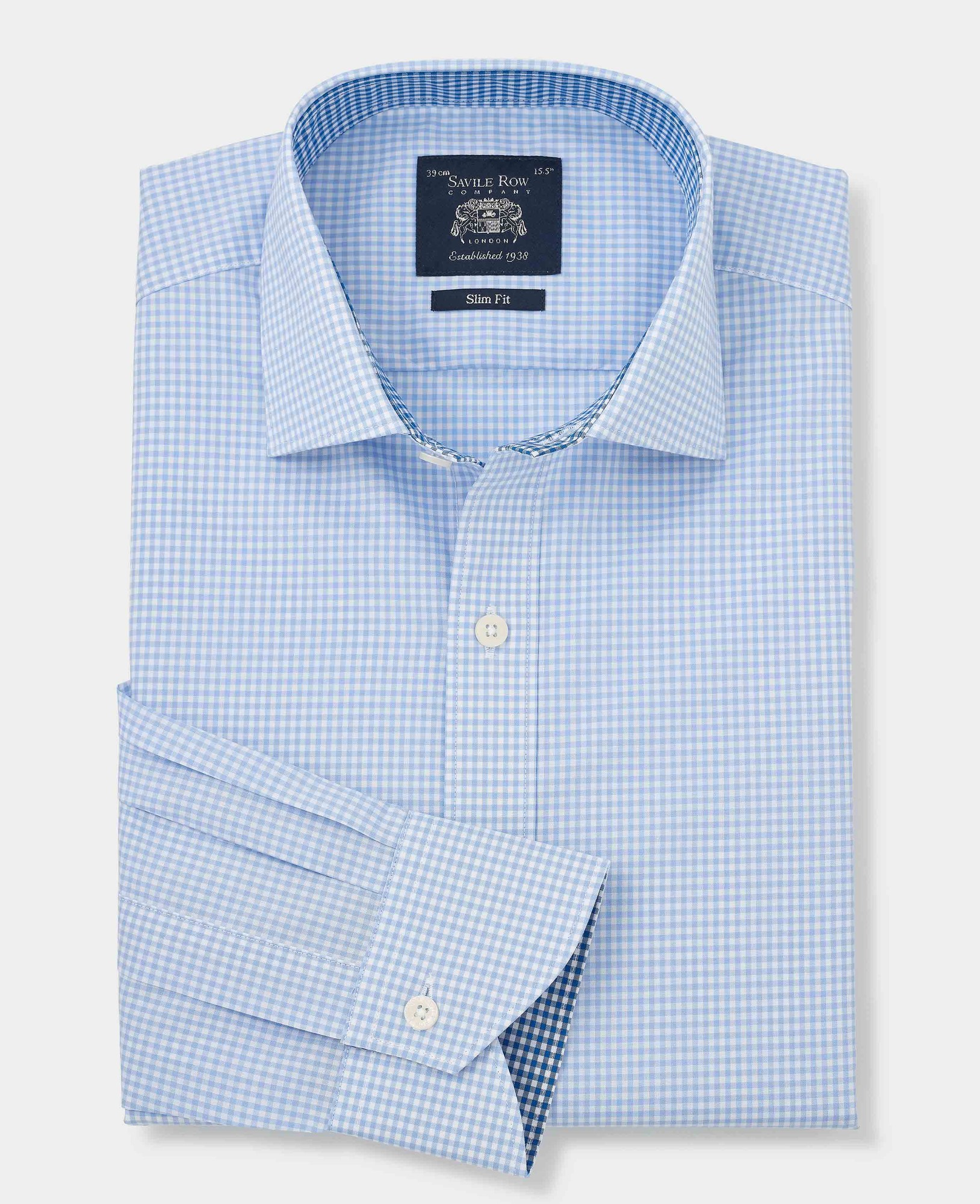 Sky blue cotton gingham formal shirt with a slim fit, single cuff, and size 16.5 X Extra Long (37"), featuring a contrasting inner collar and Savile Row Company label.