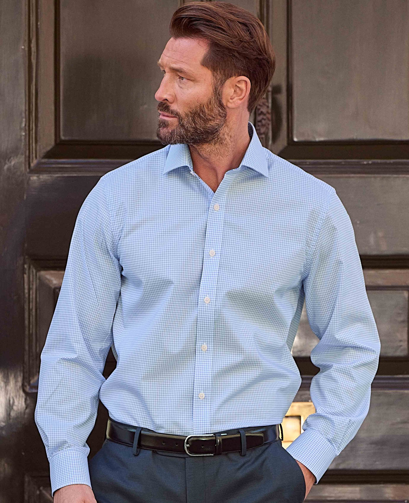 Men's Sky Blue Cotton Gingham Slim Fit Formal Shirt - Single Cuff - Size: 17" x Extra Long - 37.5" - Savile Row Company - image 2