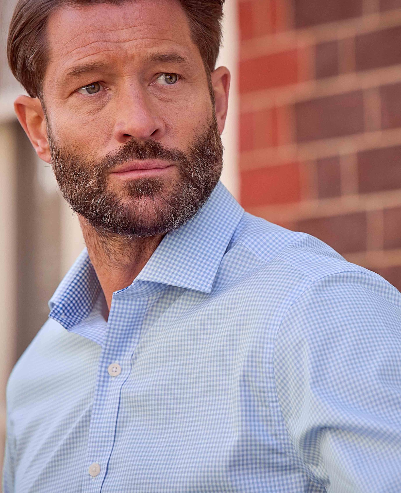 Men's Sky Blue Cotton Gingham Slim Fit Formal Shirt - Single Cuff - Size: 17" x Extra Long - 37.5" - Savile Row Company - image 4