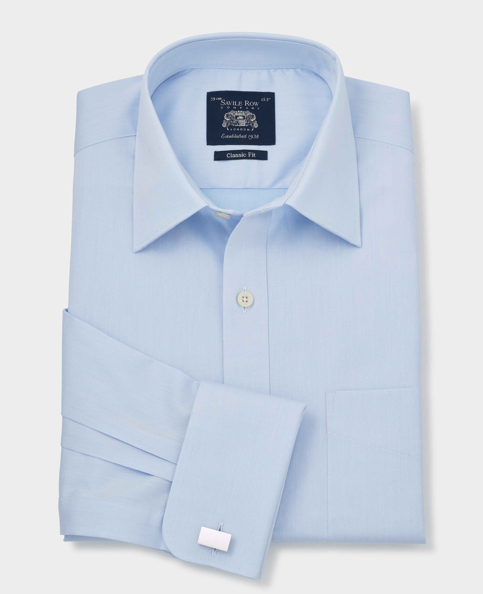 Sky blue cotton twill classic fit shirt with single or double cuff options, size 18 X Extra Long, featuring a pointed collar and a Savile Row Company label.