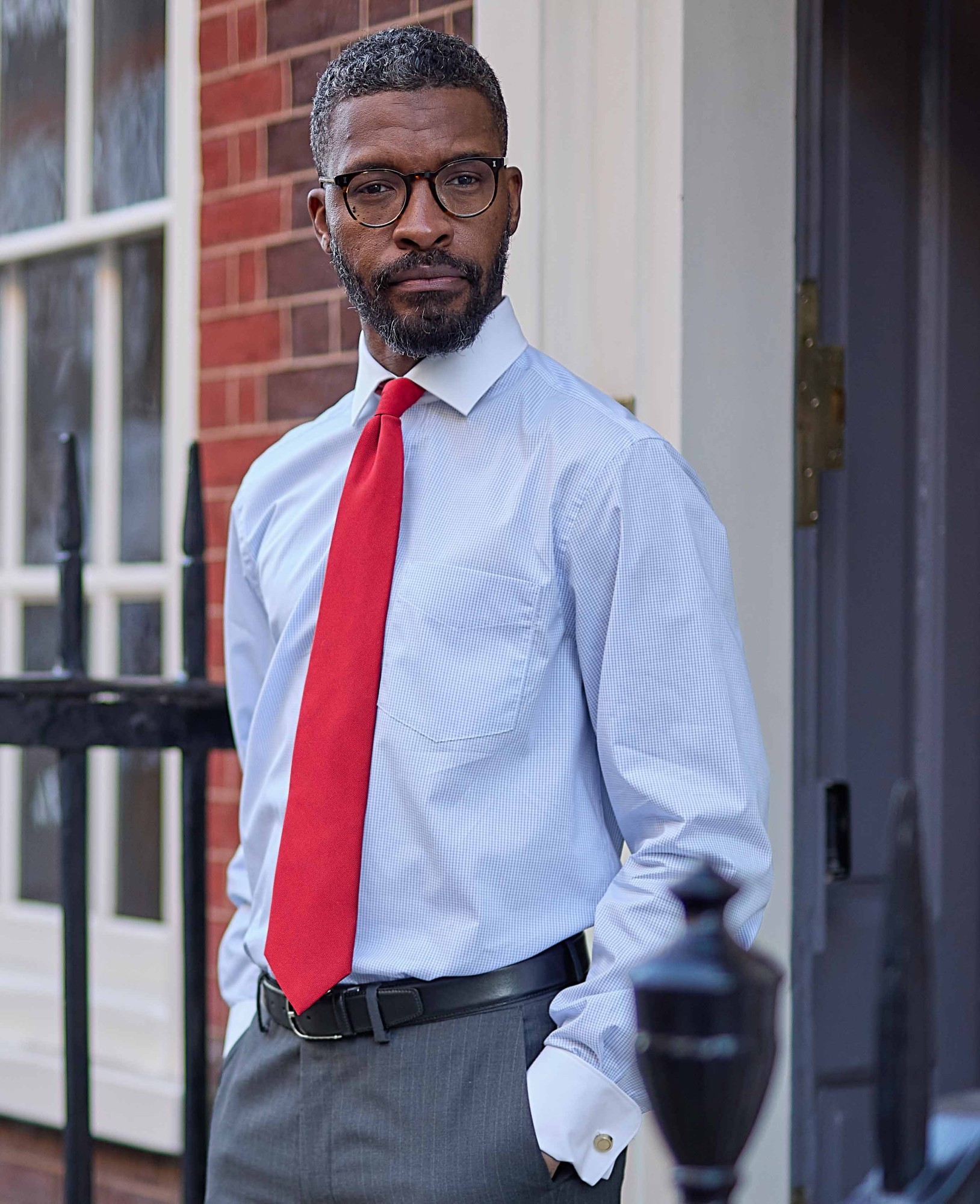 Men's Sky Blue Cotton Window Check Classic Fit Winchester Formal Shirt - Double Cuff - Size: 15.5" x Standard - 34" - Savile Row Company - image 2