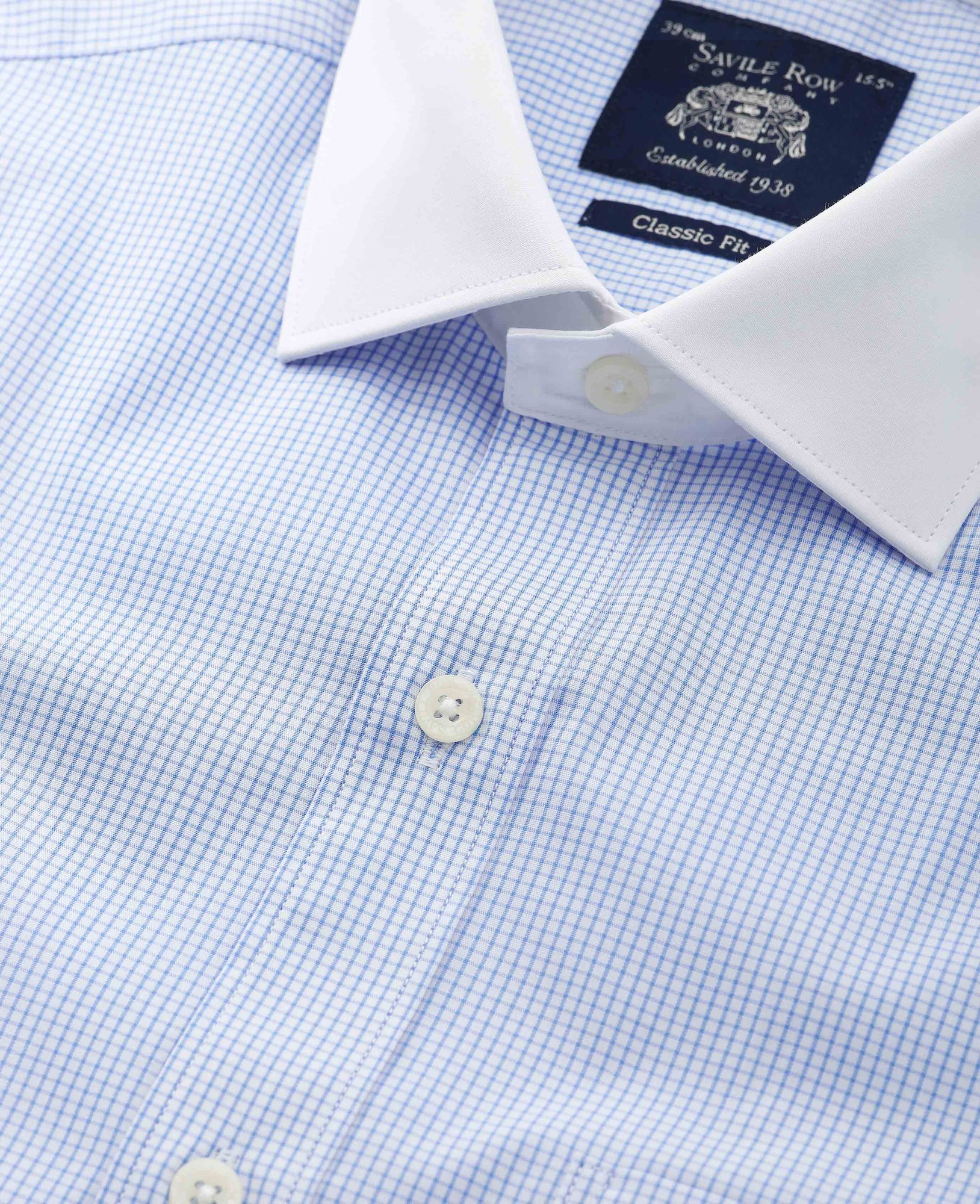 Men's Sky Blue Cotton Window Check Classic Fit Winchester Formal Shirt - Double Cuff - Size: 15.5" x Standard - 34" - Savile Row Company - image 3