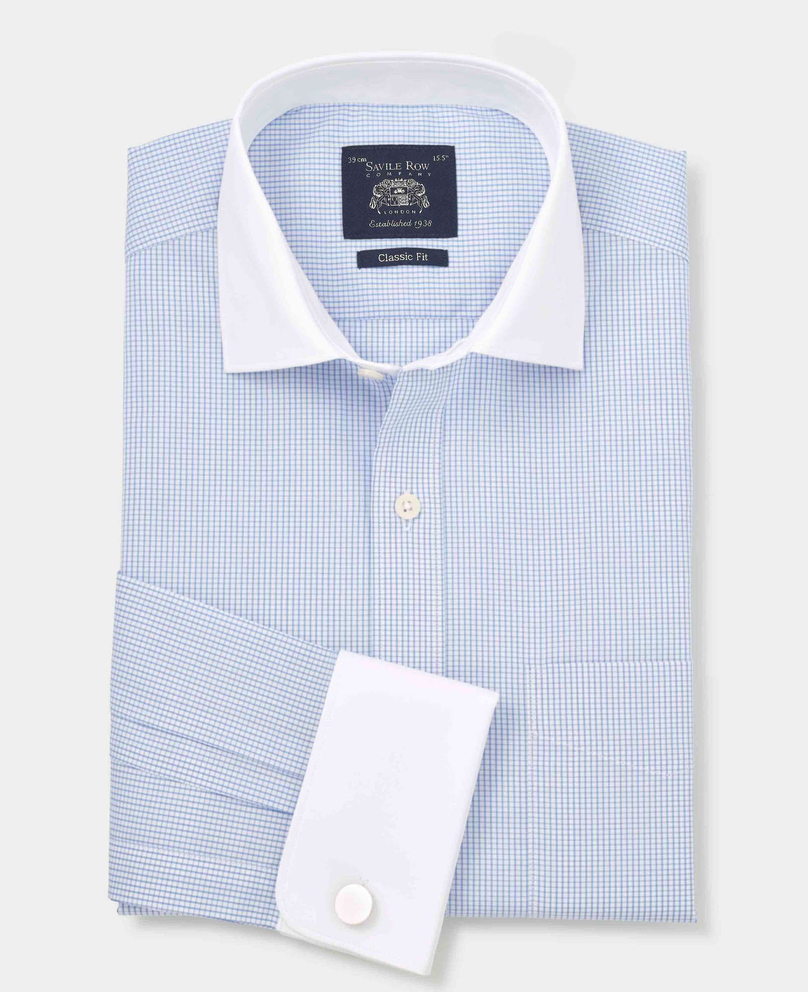 Sky blue cotton formal shirt featuring a window check pattern, double cuffs, classic fit, and a white collar, labeled with Savile Row Company branding. Size 15" X Standard - 34".