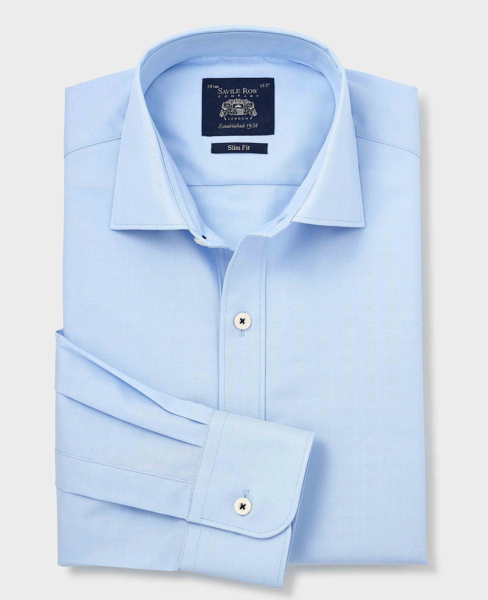 Savile Row Company Men's Sky Blue Herringbone Cotton Slim Fit Formal Shirt - Single Cuff - Size: 14.5" X Standard - 33" - Savile Row Company