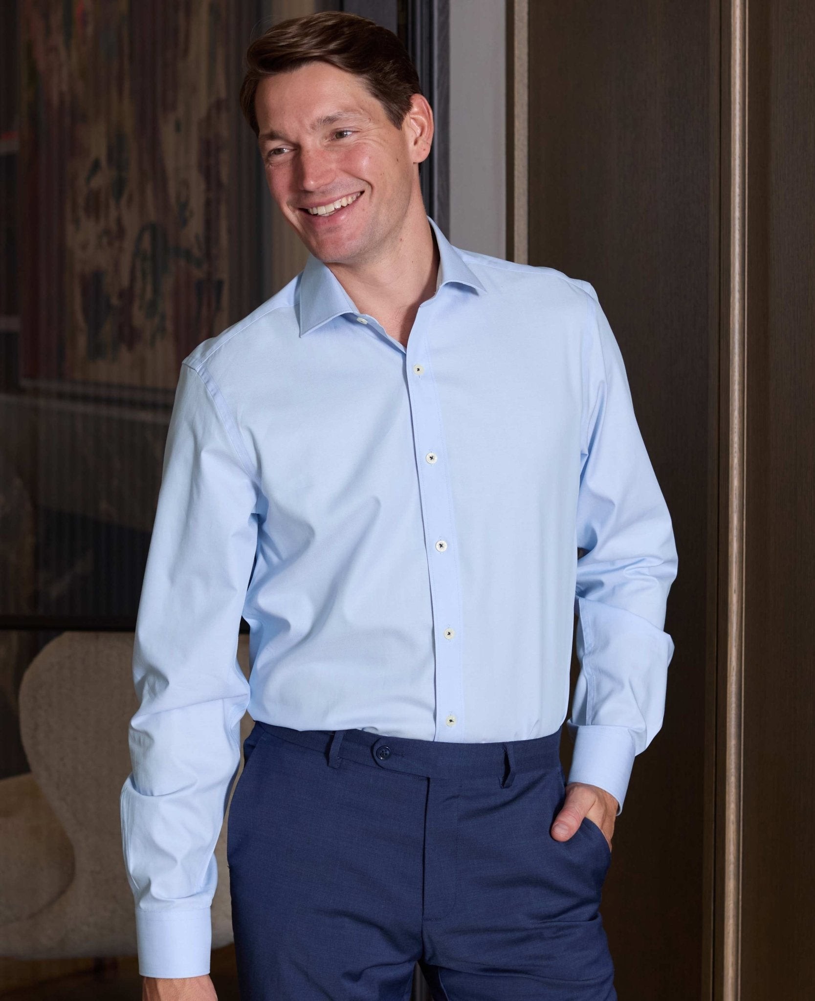 Men's Sky Blue Herringbone Cotton Slim Fit Formal Shirt - Single Cuff - Size: 18" x Standard - 37" - Savile Row Company - image 2