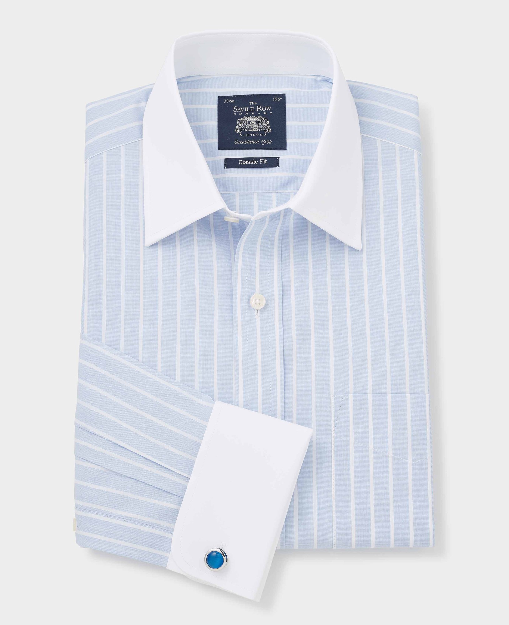 Men's sky blue classic fit shirt featuring reverse white stripes, a crisp white collar and cuffs, with a single chest pocket and cufflink detail, size 15" X 34".