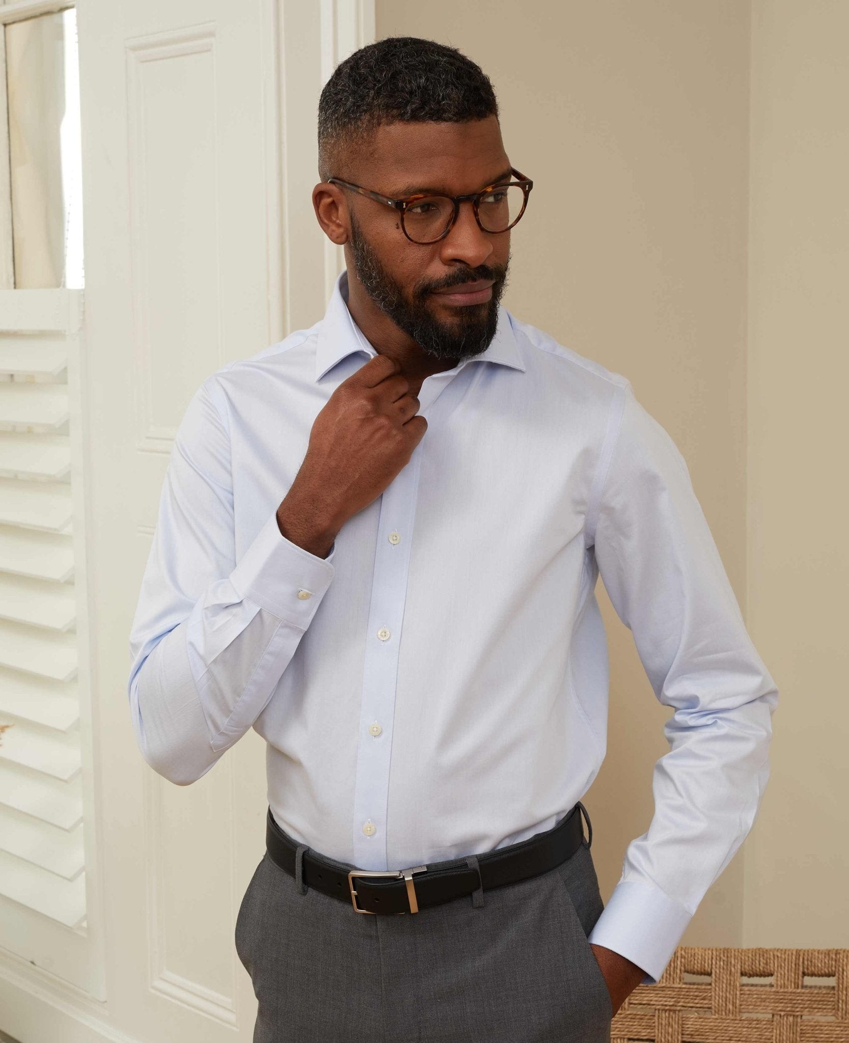 Men's Sky Blue Twill Slim Fit Shirt W/ Cutaway Collar - Single or Double Cuff - Size: 16" x Extra Long - 36.5" - Savile Row Company - image 5