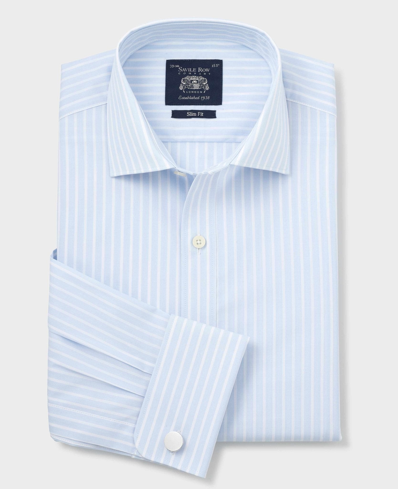Sky blue and white striped cotton poplin formal shirt with double cuffs, slim fit, size 16 X extra long, featuring a classic collar and Savile Row Company label.