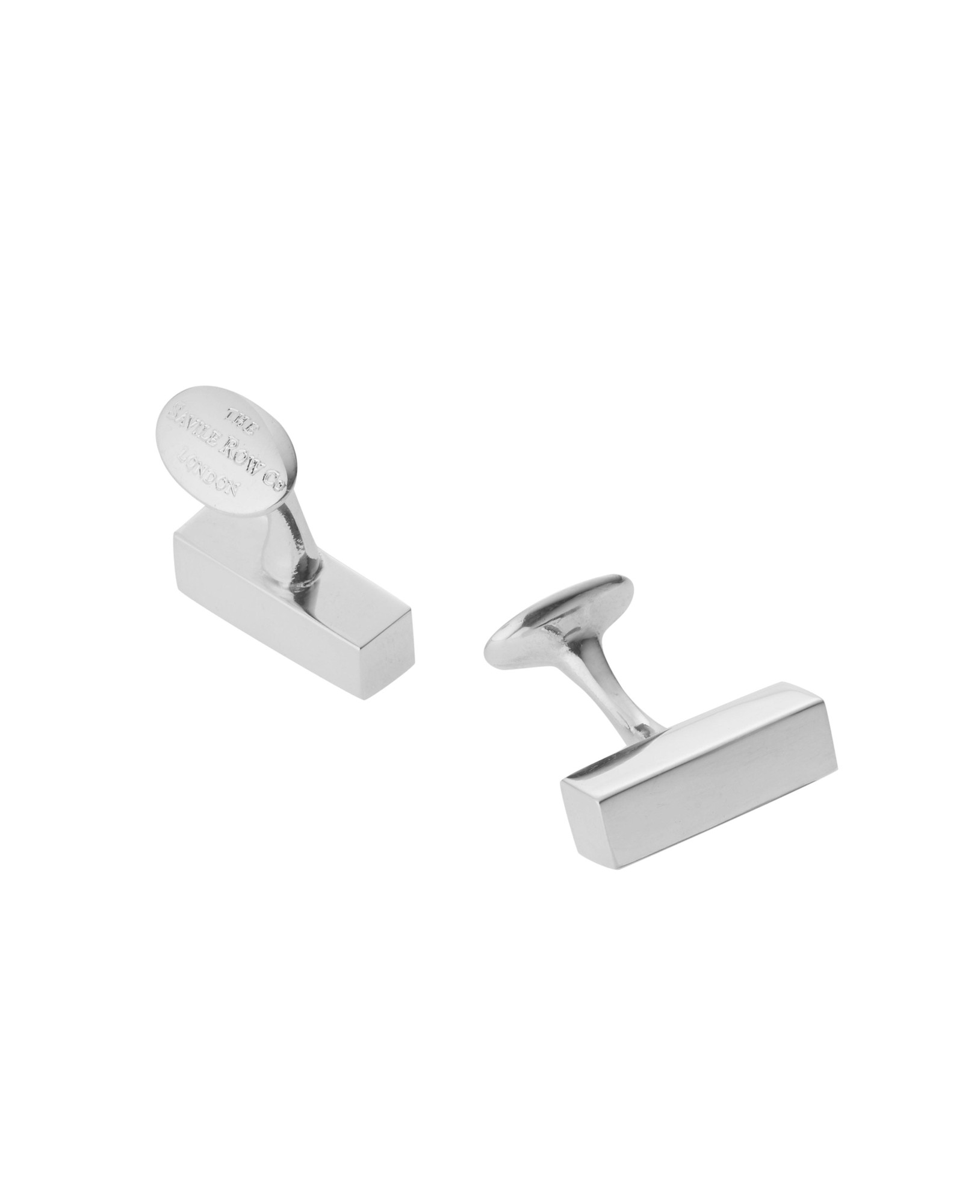Sterling silver cufflinks with a sleek block design, featuring a polished finish and an engravable oval section for personalization, from Savile Row Company.
