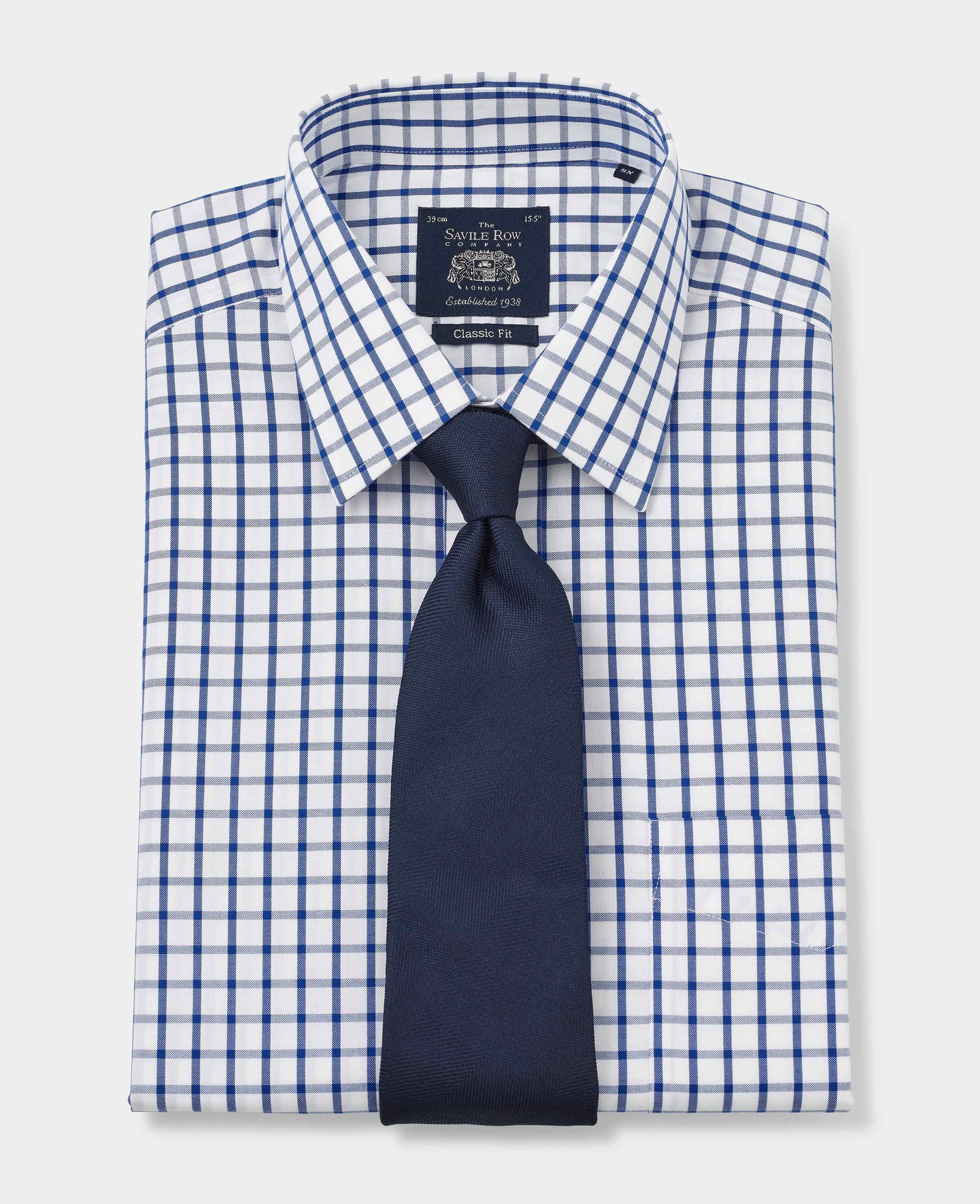 Men's White Blue Check Classic Fit Non-Iron Formal Shirt - Single Cuff - Size: 15.5" x Standard - 34" - Savile Row Company - image 2