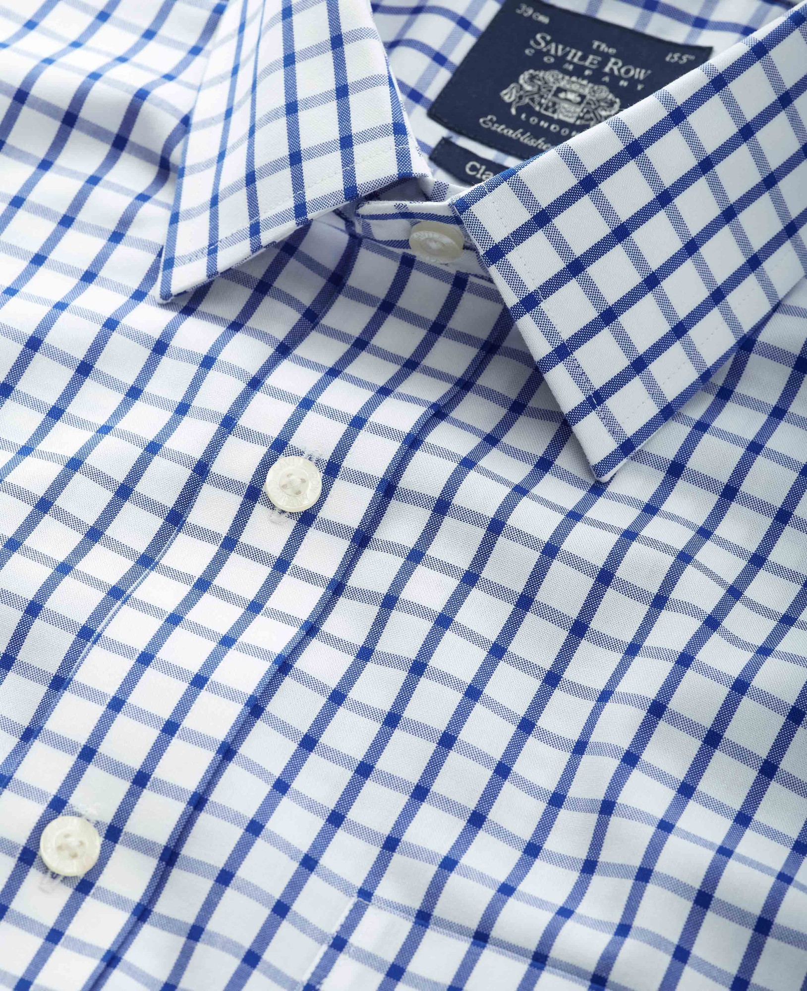 Men's White Blue Check Classic Fit Non-Iron Formal Shirt - Single Cuff - Size: 15" x Extra Long - 36" - Savile Row Company - image 3