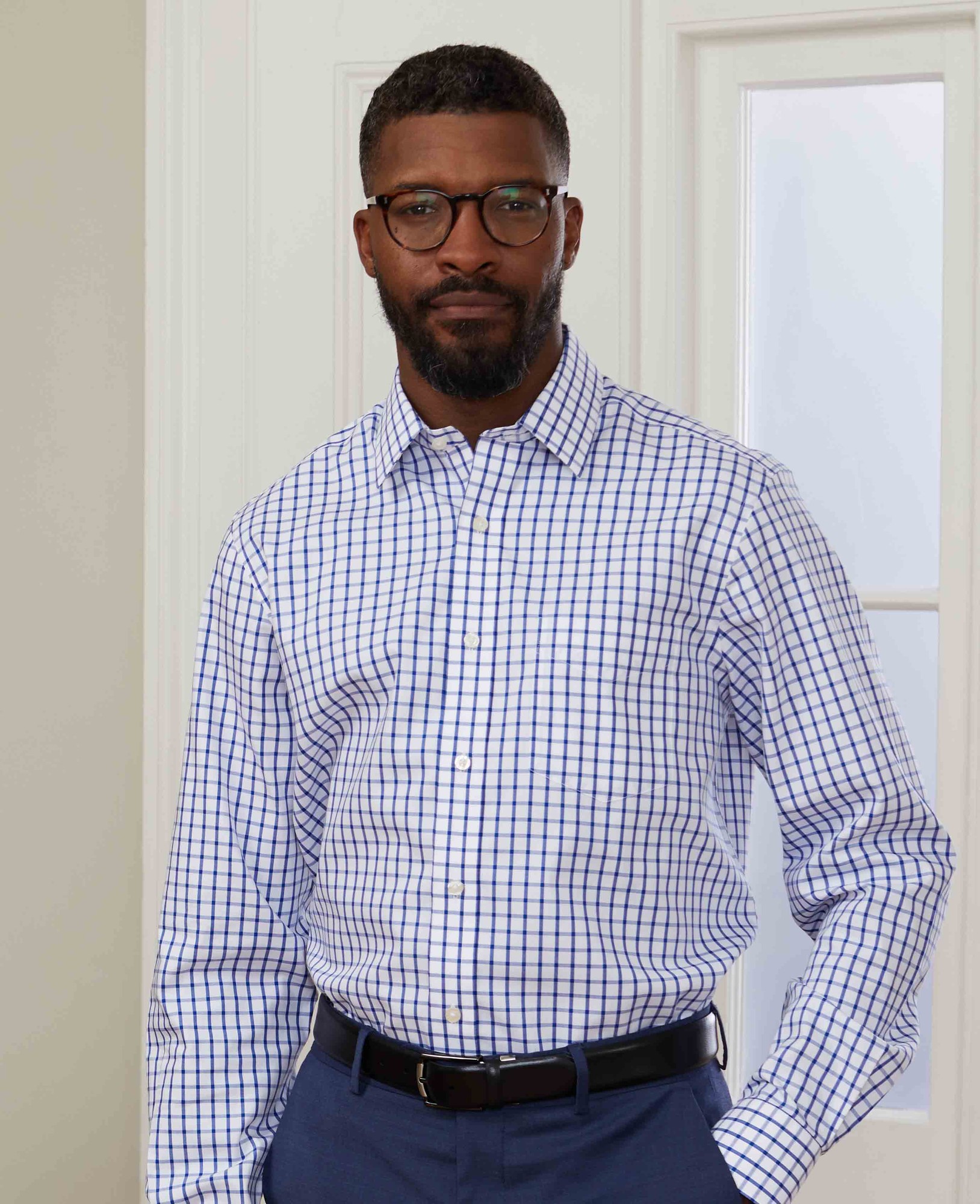 Men's White Blue Check Classic Fit Non-Iron Formal Shirt - Single Cuff - Size: 15" x Extra Long - 36" - Savile Row Company - image 5