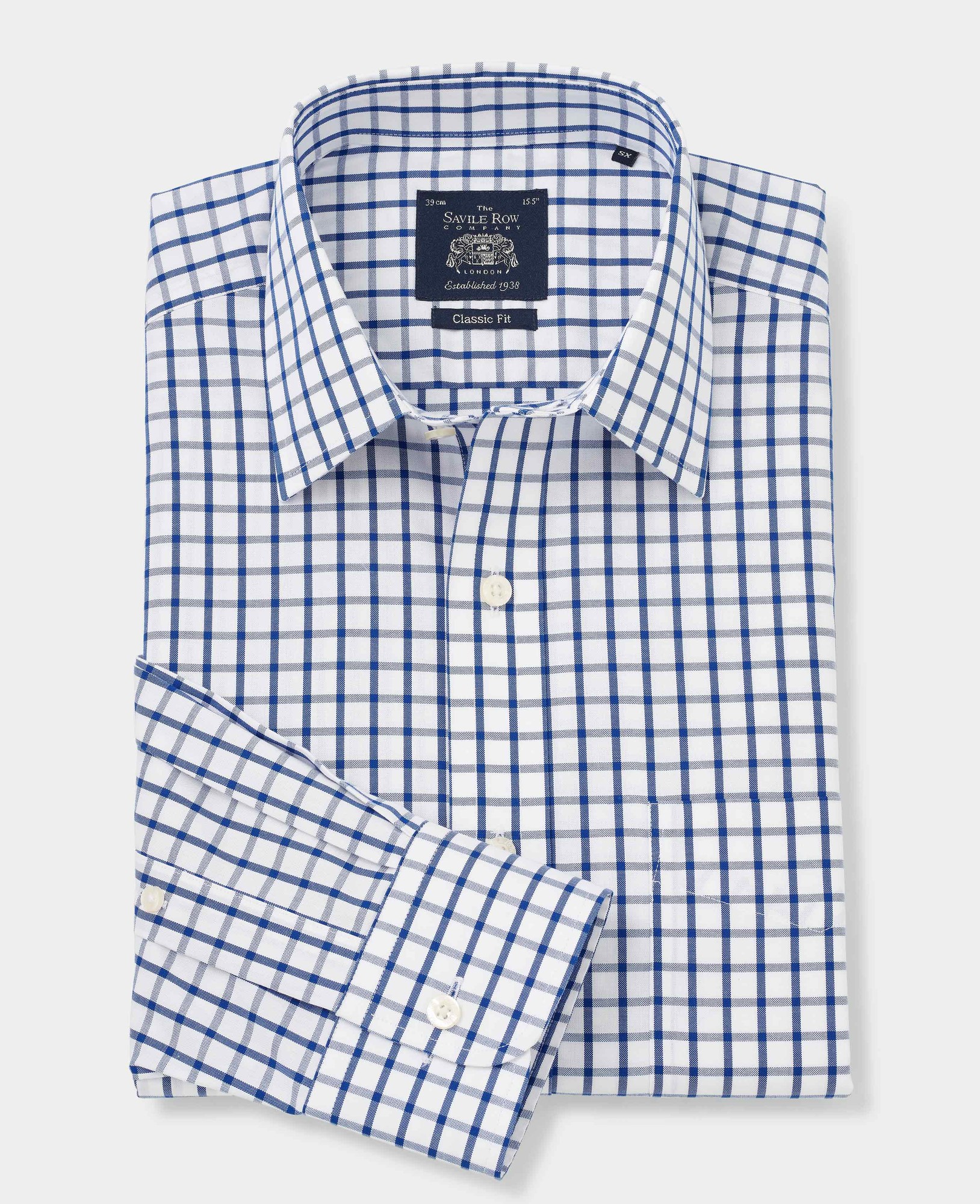 Men's white and blue check formal shirt featuring a classic fit, single cuff, non-iron material, and size 17.5 X Extra Long with a 38" sleeve length.