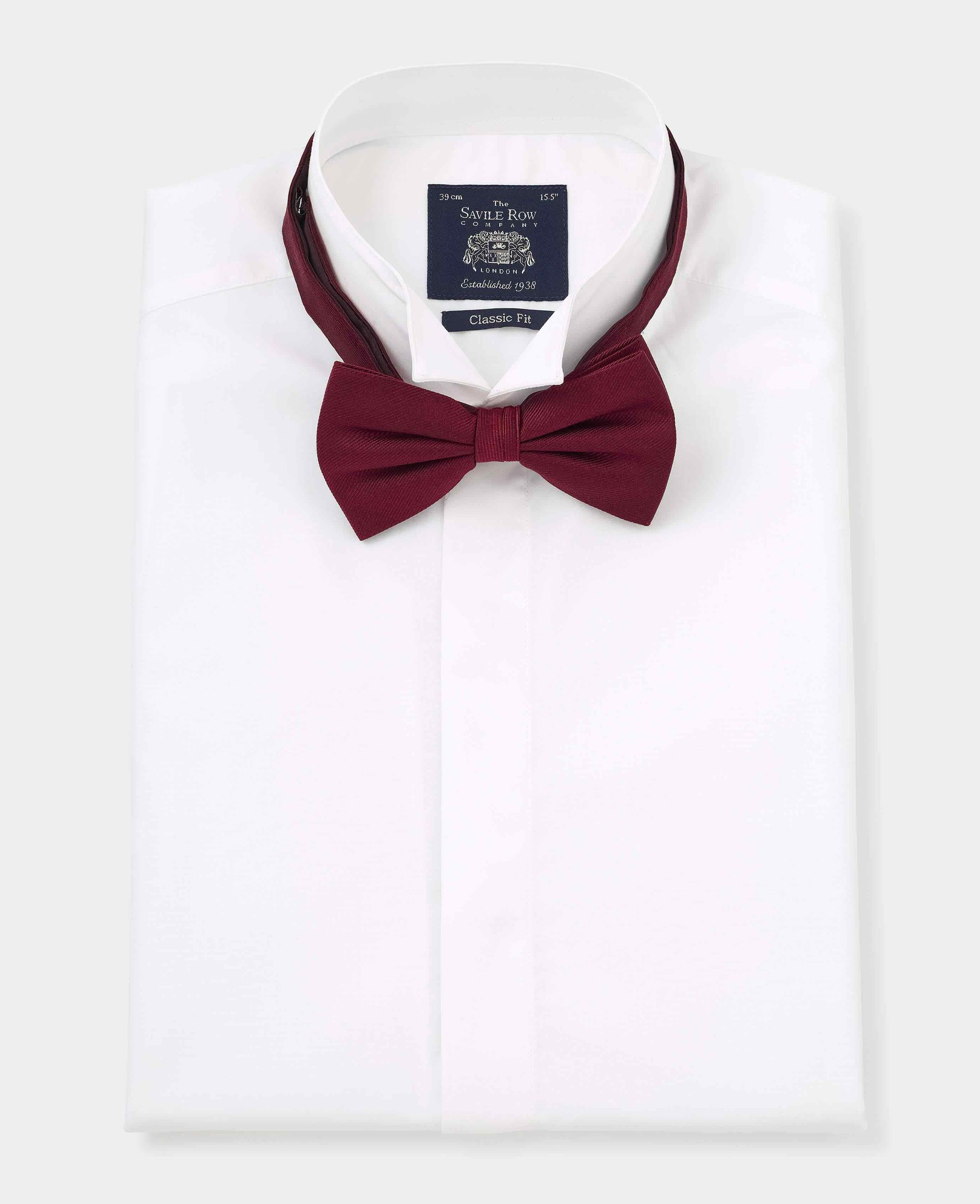 Men's white classic fit formal shirt featuring a wing collar, double cuffs, and a size of 18" extra long, accompanied by a burgundy bow tie, all by Savile Row Company.