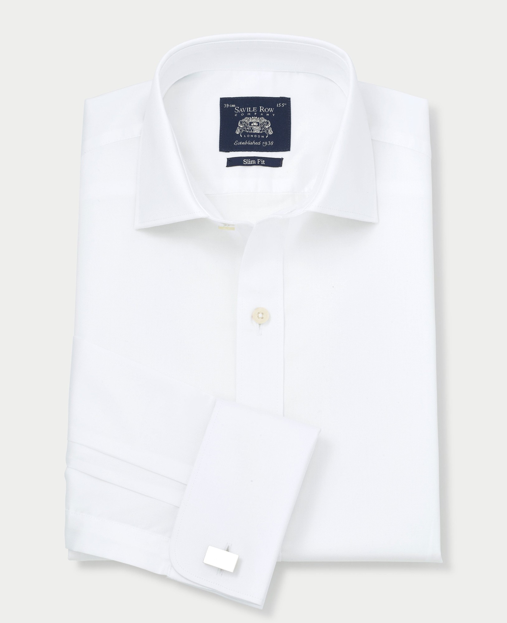 Men's white fine twill slim fit formal shirt featuring a single cuff, size 16 X extra long, with a classic collar and a Savile Row Company label.