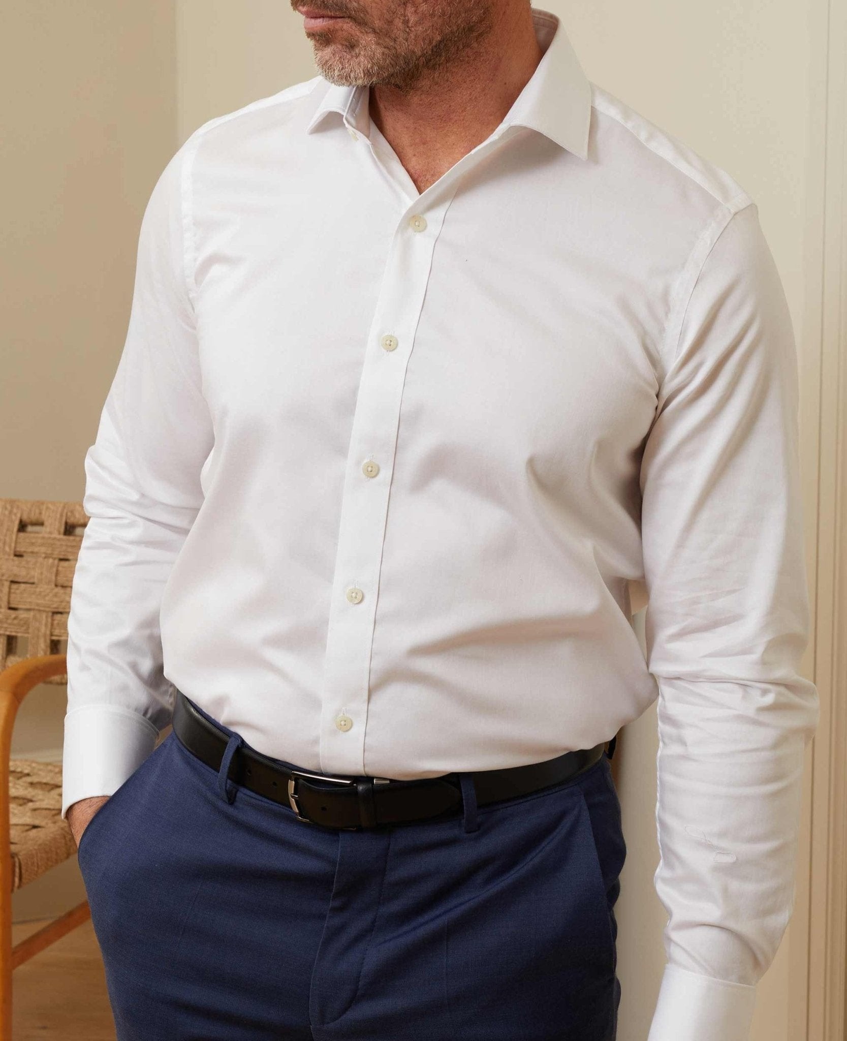 Men's White Fine Twill Slim Fit Formal Shirt - Single or Double Cuff - Size: 18.5" x Standard - 37.5" - Savile Row Company - image 5