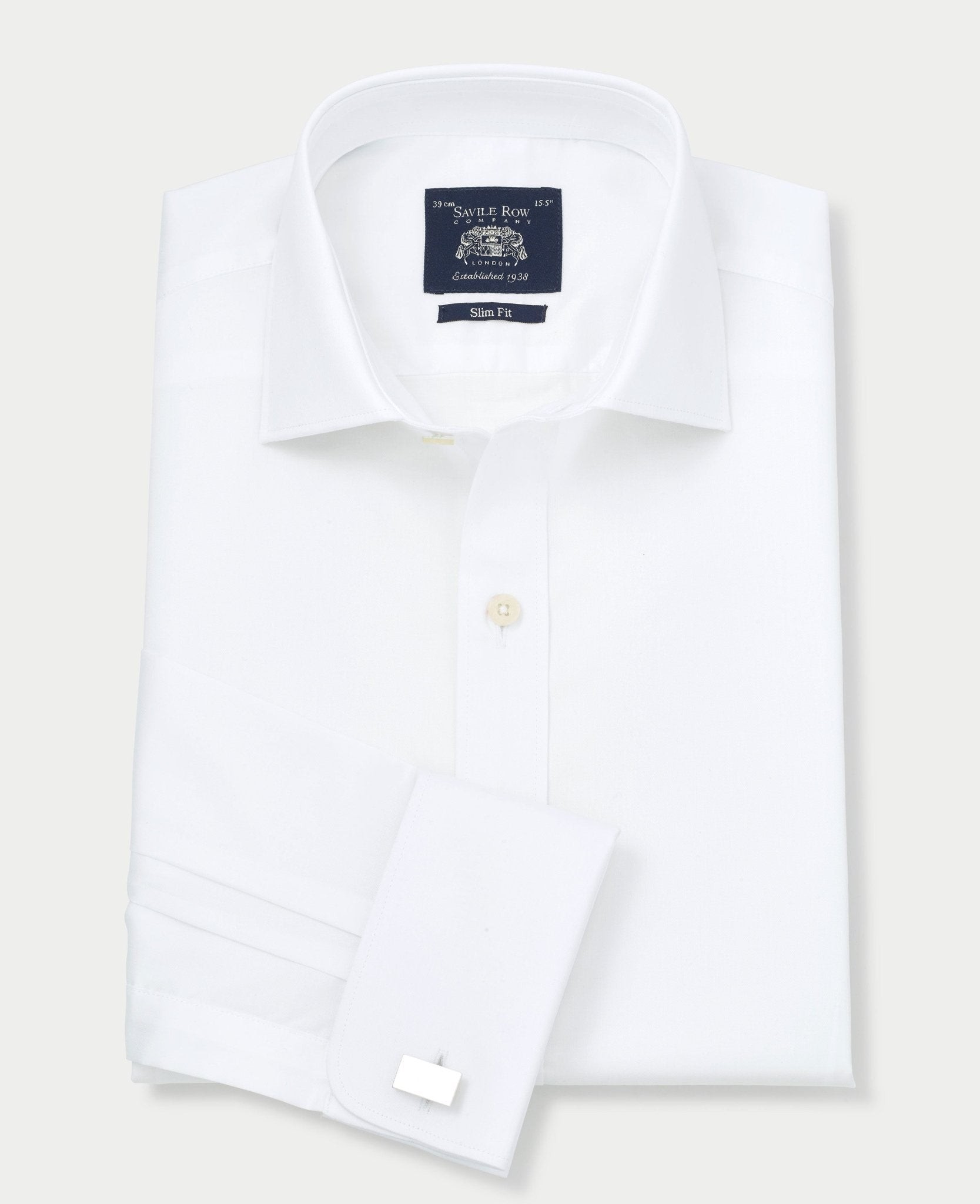 Men's white fine twill formal shirt featuring a slim fit design, single or double cuff options, and a Savile Row Company label, size 18.5" X 37.5".